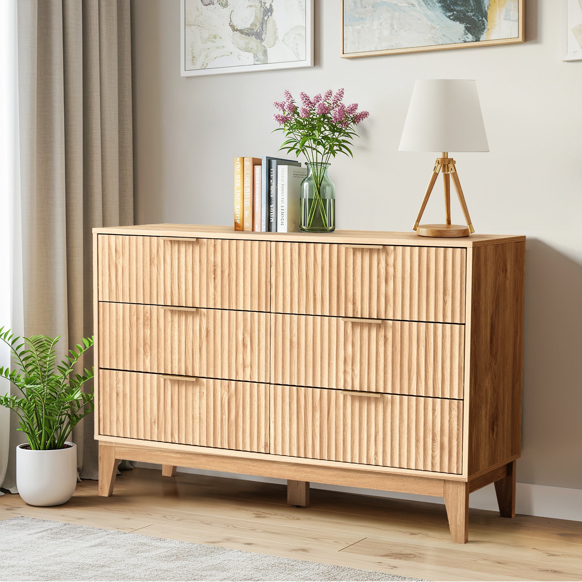 HOMREST Fluted Dresser for Bedroom, 6 Drawer Modern Dresser, Wide Modern Chest of Drawers with Metal Handle, Mid Century Modern Dresser, Natural Wood