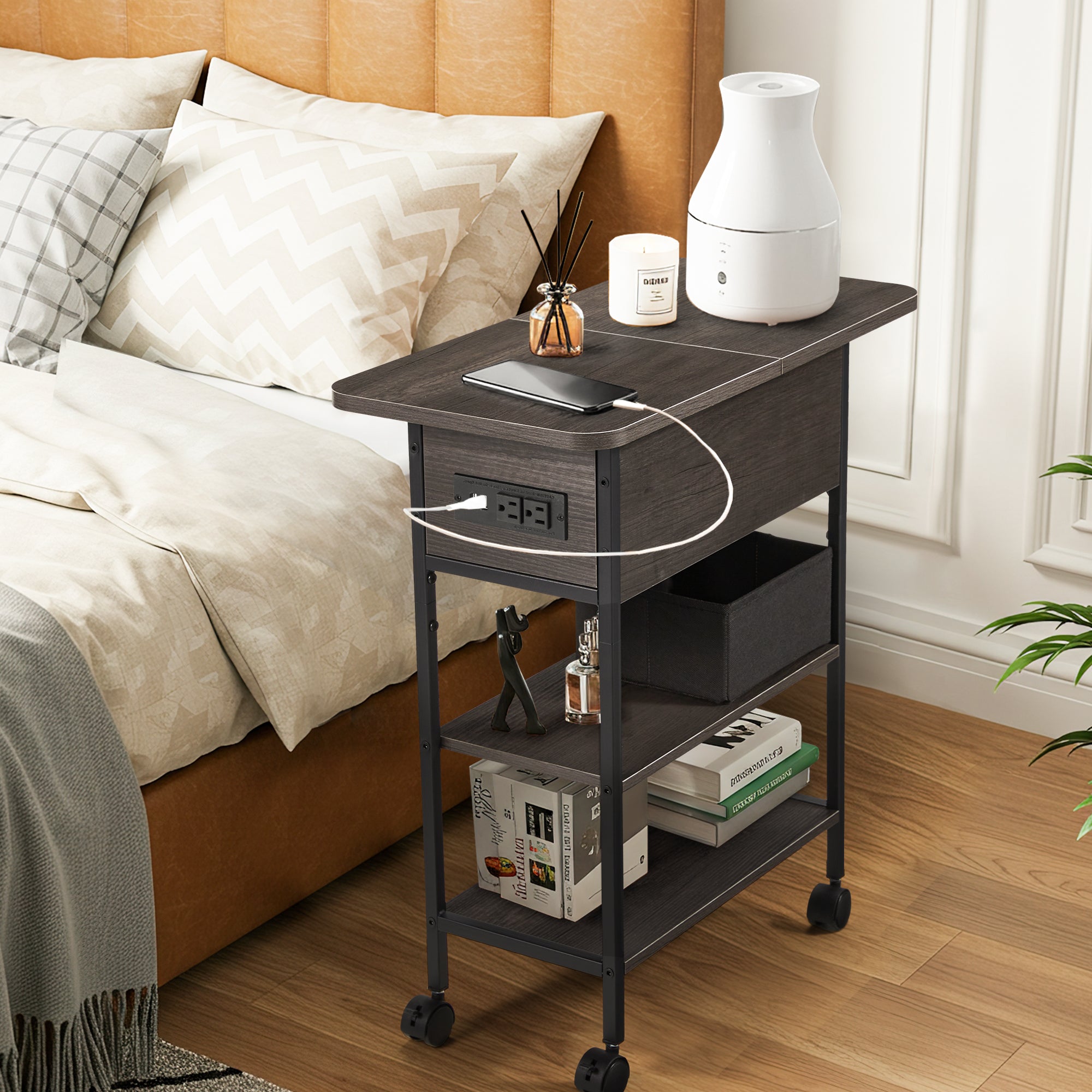 HOMREST Multi-Functional Flip Side Table, 360° Swivel Wheels & Storage Shelf for Living Room/Bedroom, Rustic Brown Wood End Table, Gray
