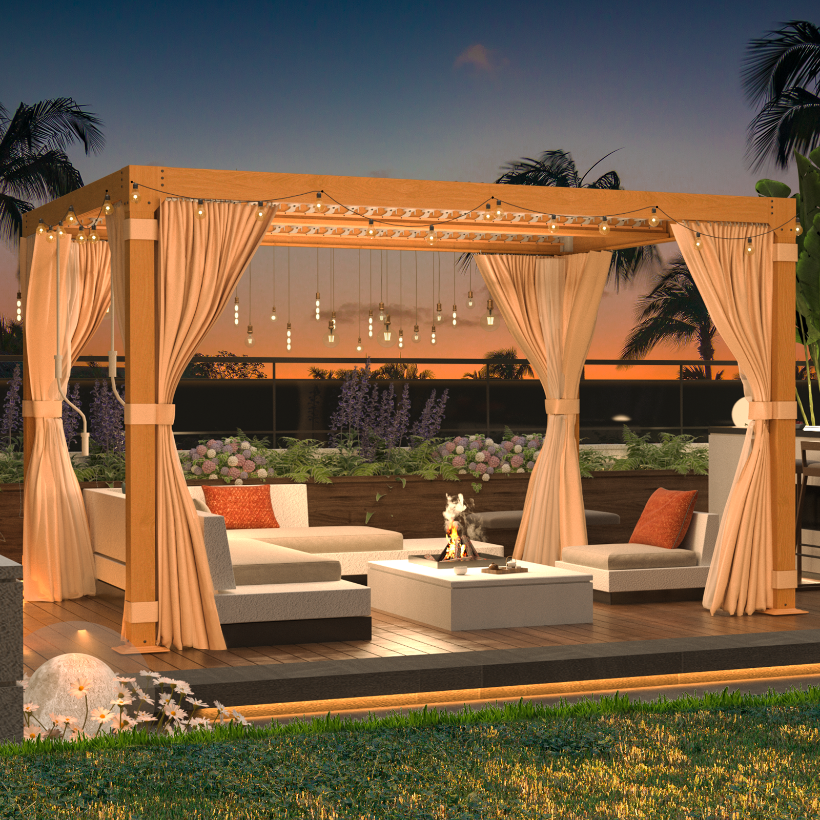 HOMREST Louvered Pergola 10x12 Outdoor Hard Top Pergola with Aluminum Frame and Adjustable Metal Rainproof Roof for Garden & Patio, Curtains and Netting Included, Wood Grain