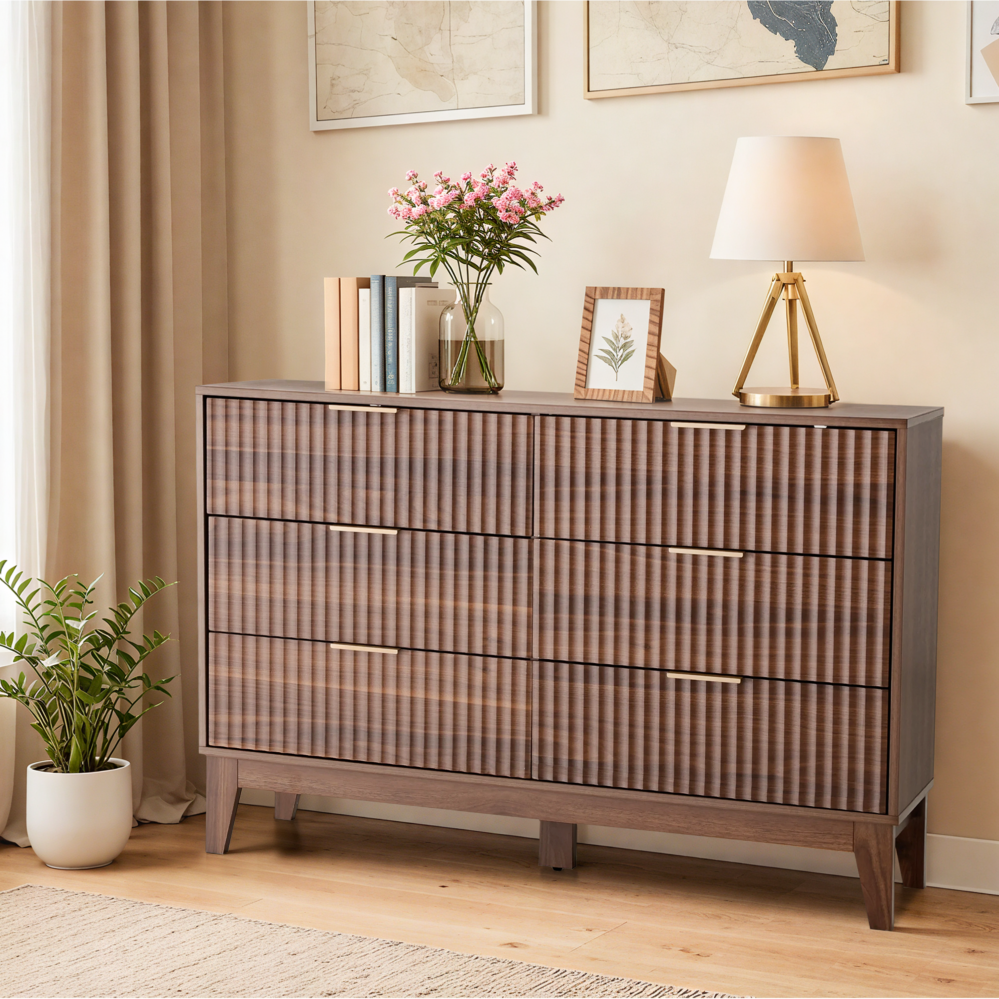 HOMREST Fluted Dresser for Bedroom, 6 Drawer Modern Dresser, Wide Modern Chest of Drawers with Metal Handle, Mid Century Modern Dresser, Walnut