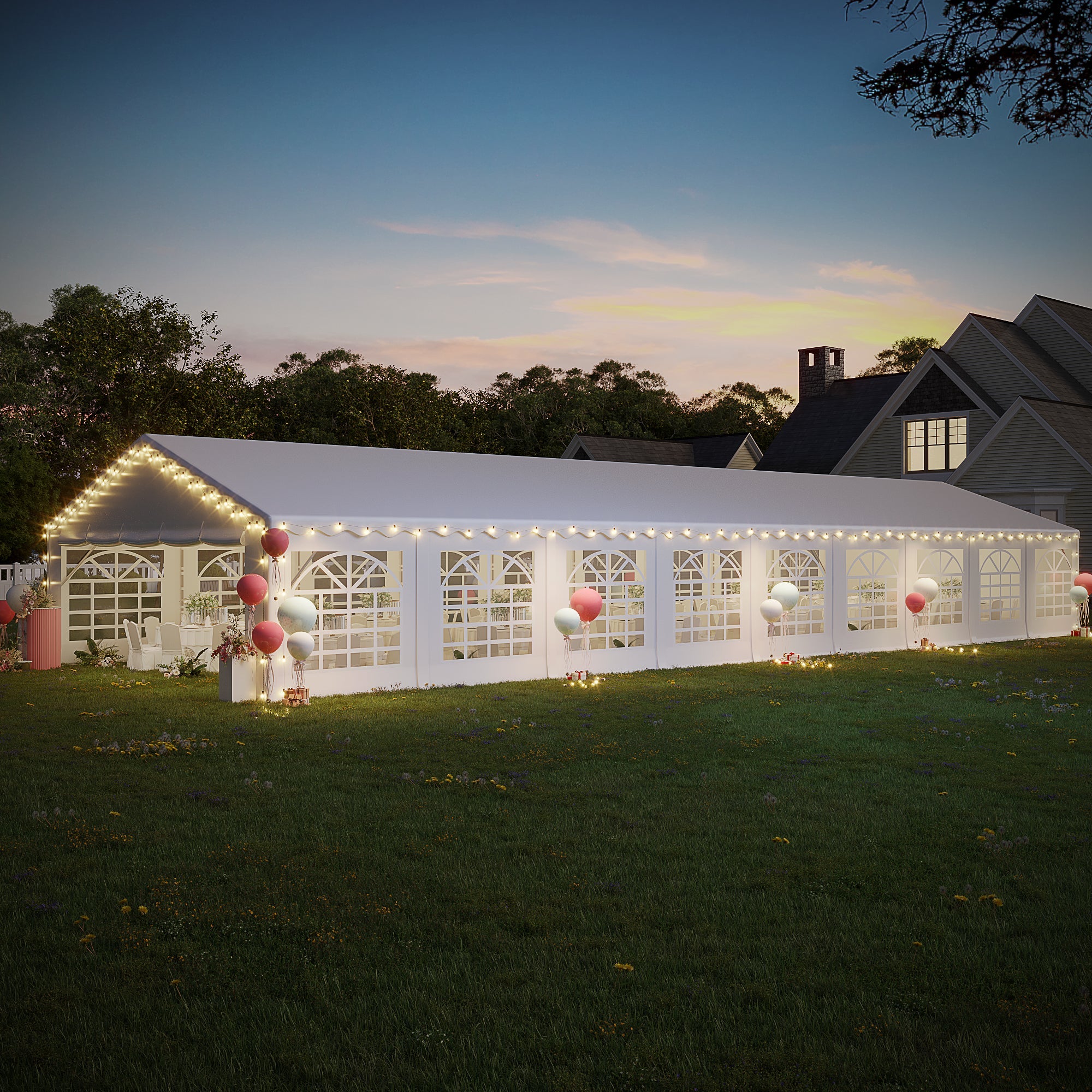 HOMREST 20x60ft Party Tent Outdoor Wedding Tent Heavy Duty Large Canopy Carport With Removable Sidewalls 2 Roll Up Doors 6 Storage Bags White