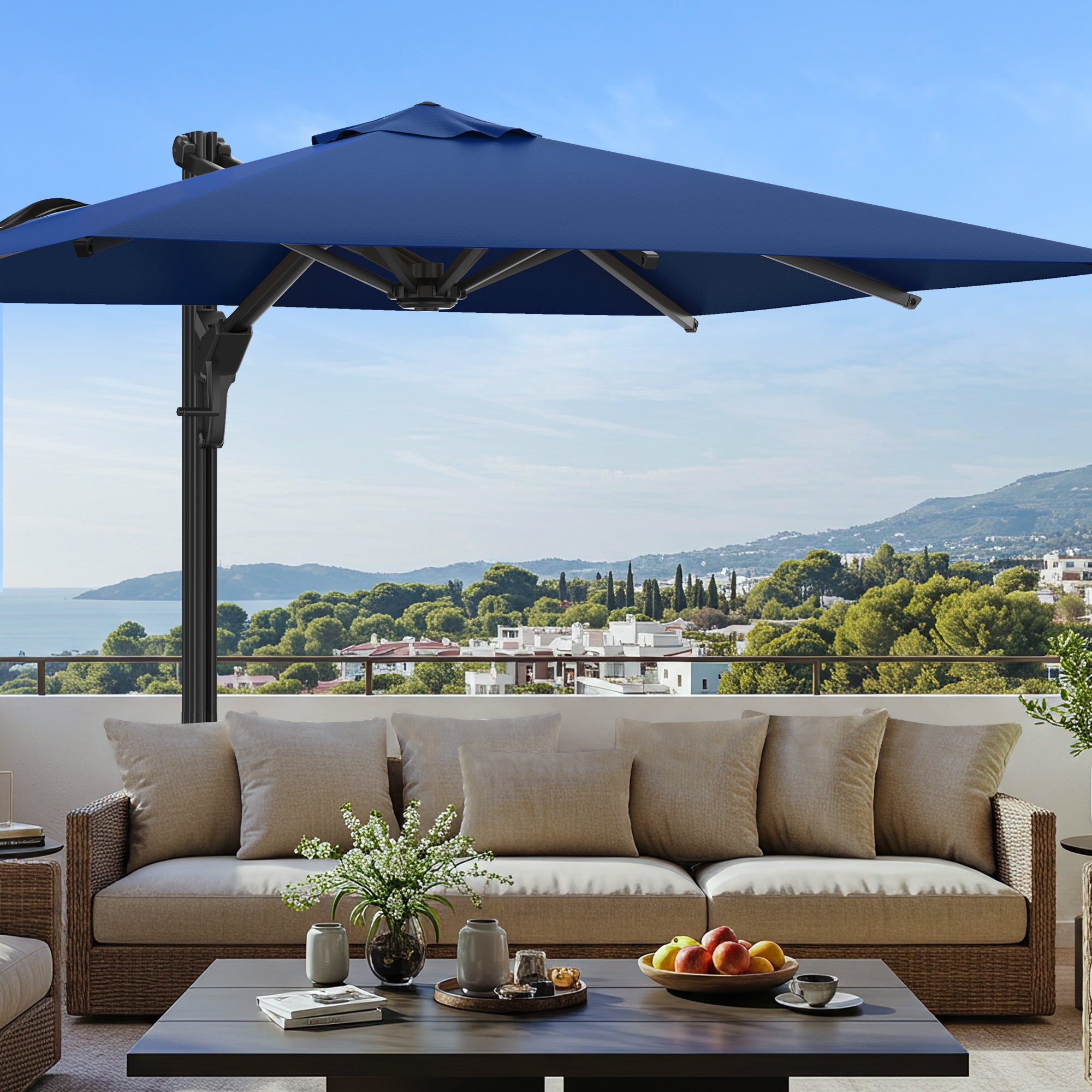 HOMREST 10x10ft Large Rectangular Cantilever Umbrella with 360° Rotation & 6 Adjustable Heights, Navy (Base Excluded)