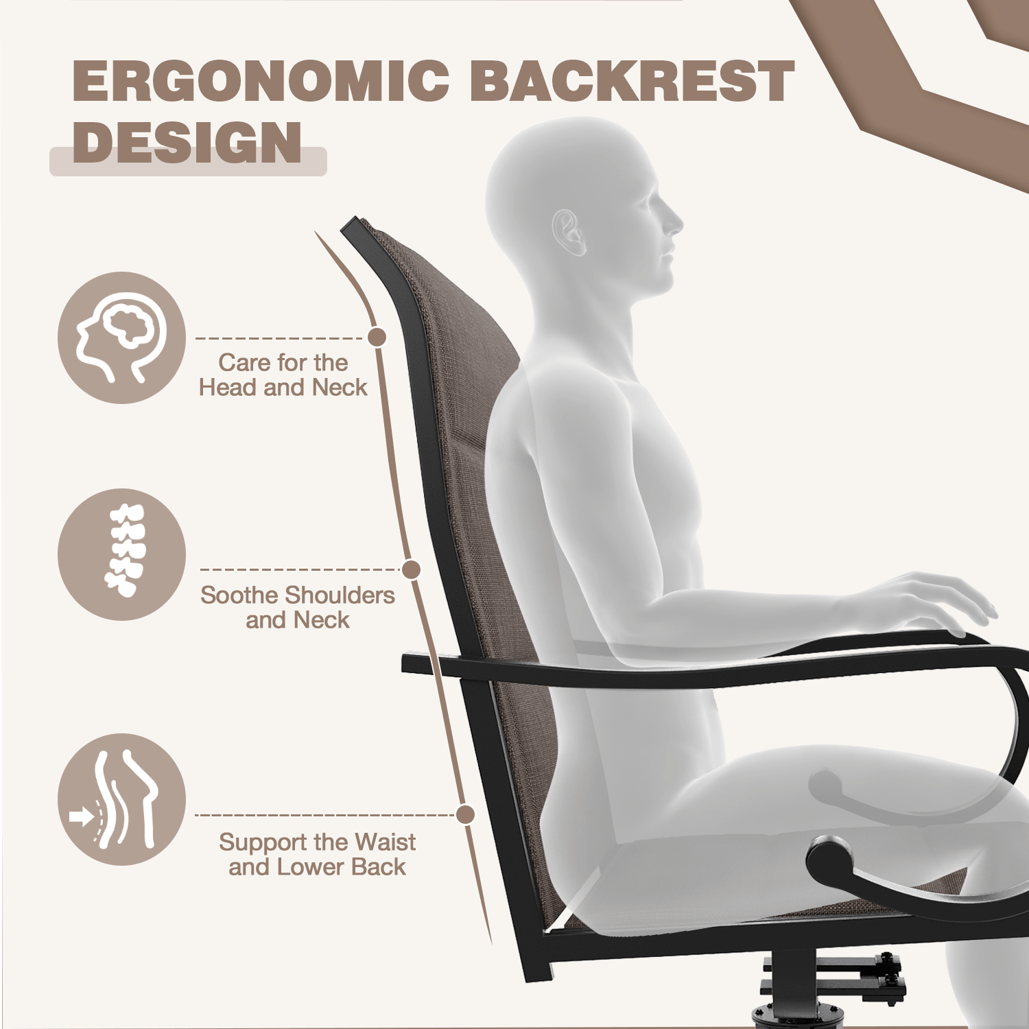HOMREST Swivel Outdoor Chairs Set of 2, High Back Padded Textilene Patio Dining Chairs with Metal Frame, Brown