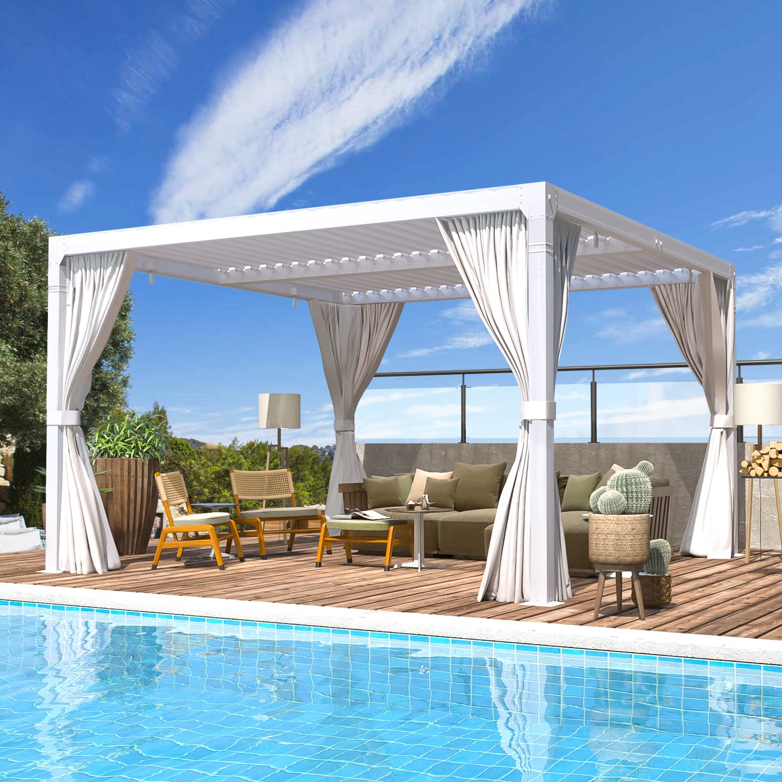 HOMREST Louvered Pergola 10x10 Outdoor Hard Top Pergola with Aluminum Frame, White