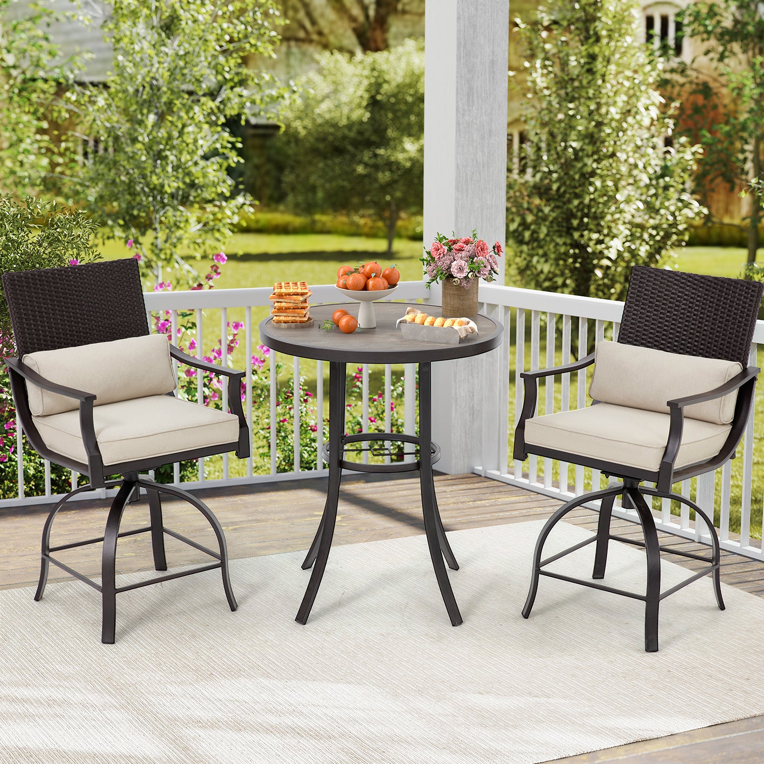 HOMREST 3 Piece Outdoor Patio Set, High Top Patio Bar Set, Beige