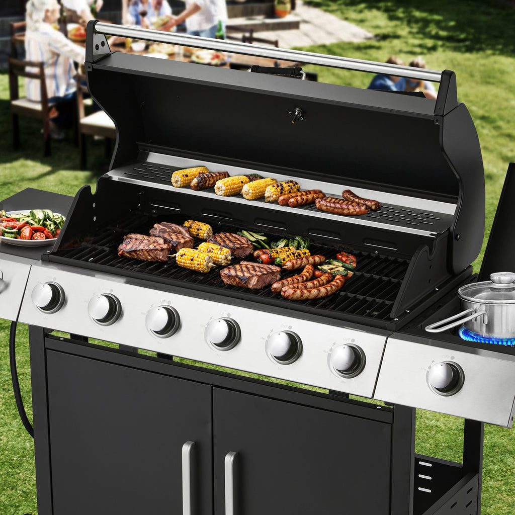 HOMREST Upgraded 60,000 BTU Stainless Steel Burner Barbecue Grill, 6 Burner BBQ Propane Gas Grill with Side Stove & Cast Iron Grates for Patio, Camping, Outdoor Cooking