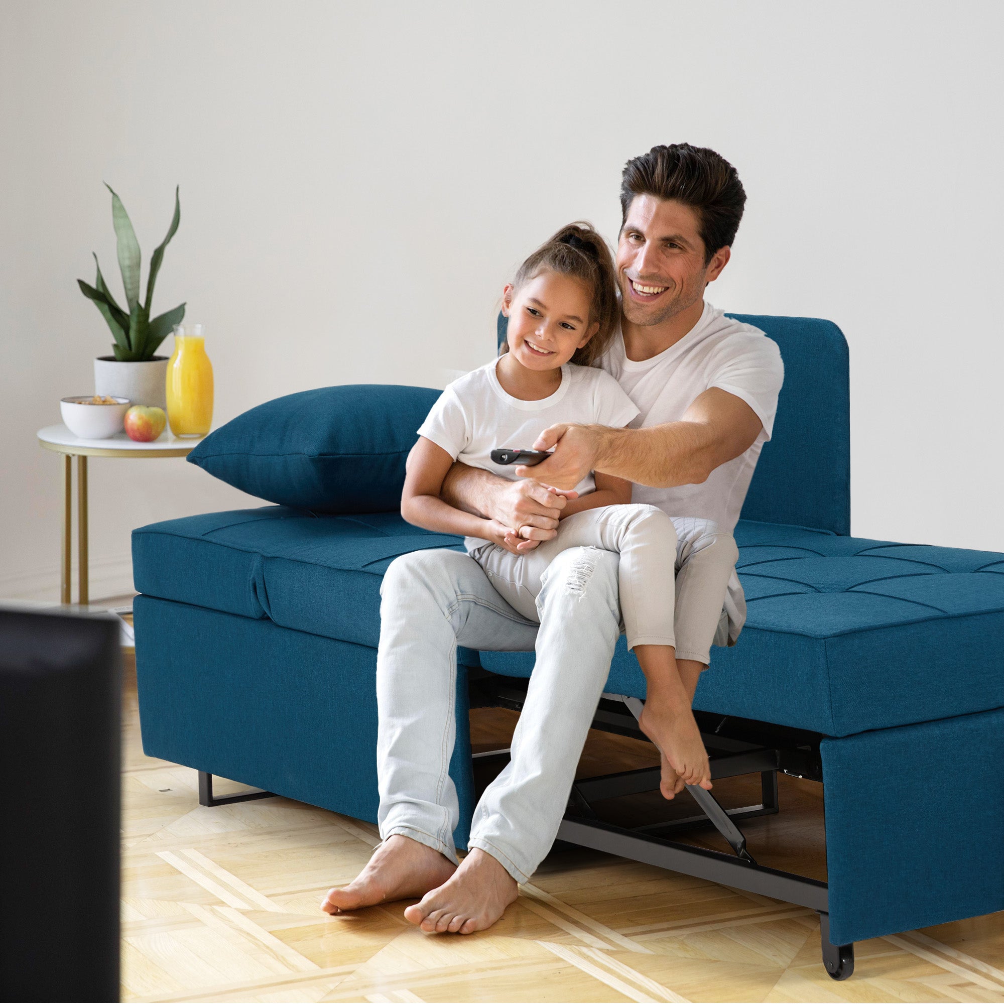 HOMREST 3 IN 1 Futon Sofa Bed Convertible Recliner Lounge for Living Room with Reclining Backrest, Linen, Peacock Blue