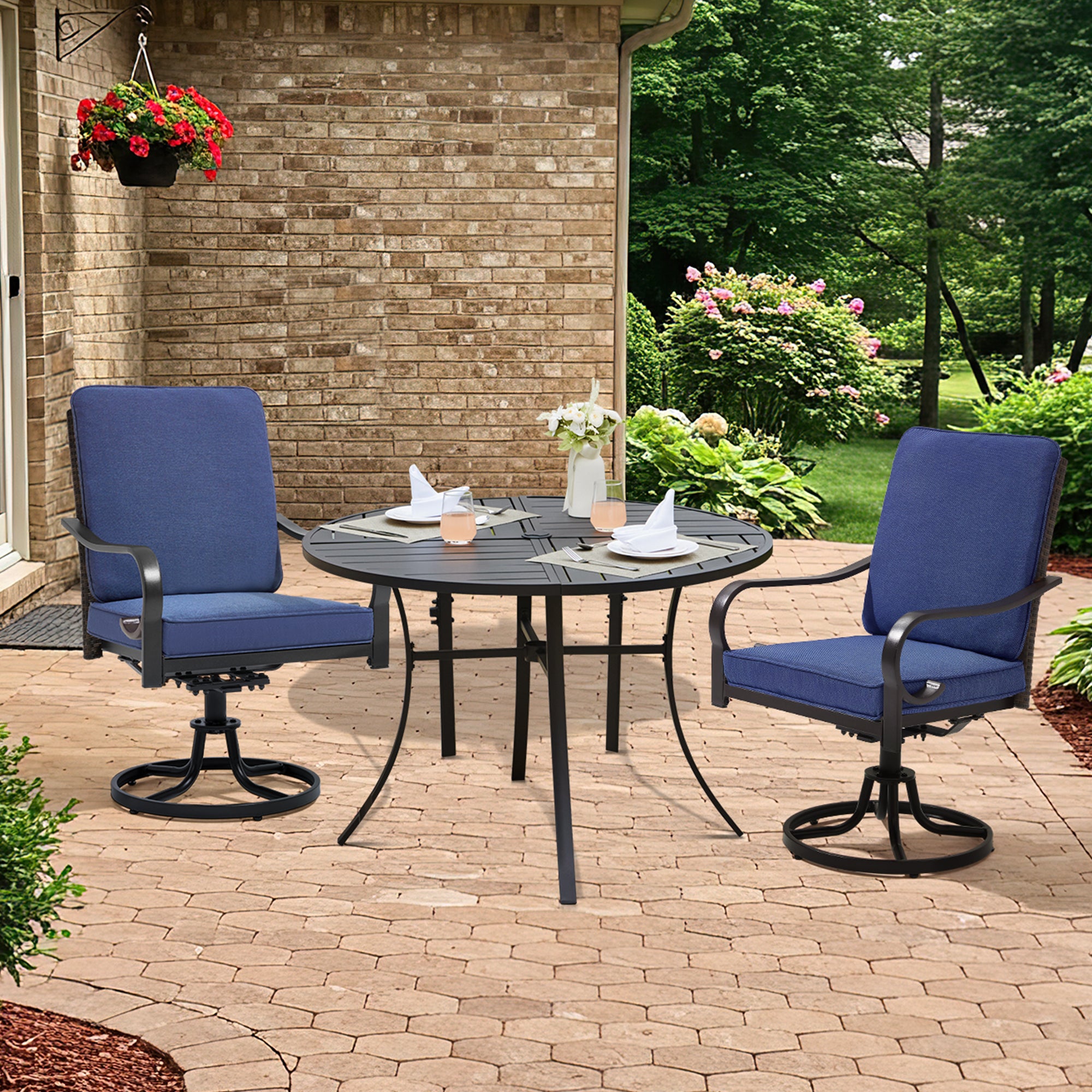 HOMREST Patio Swivel Chairs Set of 2 with Full Rattan Backrest, Blue