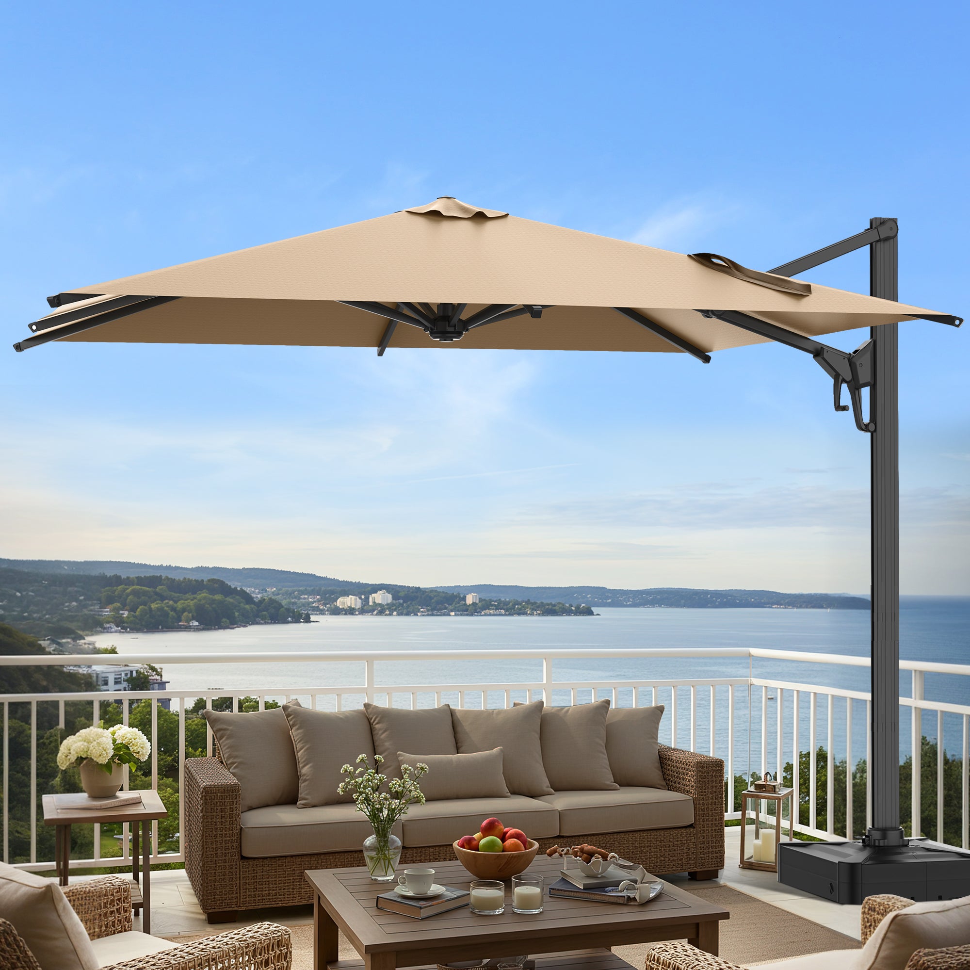 HOMREST 10x13ft Large Rectangular Cantilever Umbrella with 360° Rotation & 6 Adjustable Heights, Outdoor Patio Umbrella for Garden, Pool, Deck, Brown (Base Excluded)