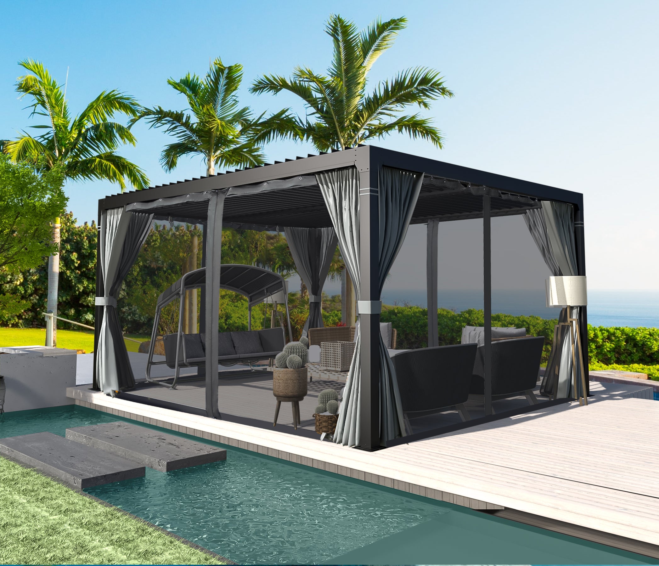 HOMREST Louvered Pergola 10x12 Outdoor Hard Top Pergola with Aluminum Frame and Adjustable Metal Rainproof Roof for Garden & Patio, Curtains and Netting Included, Gray-Black