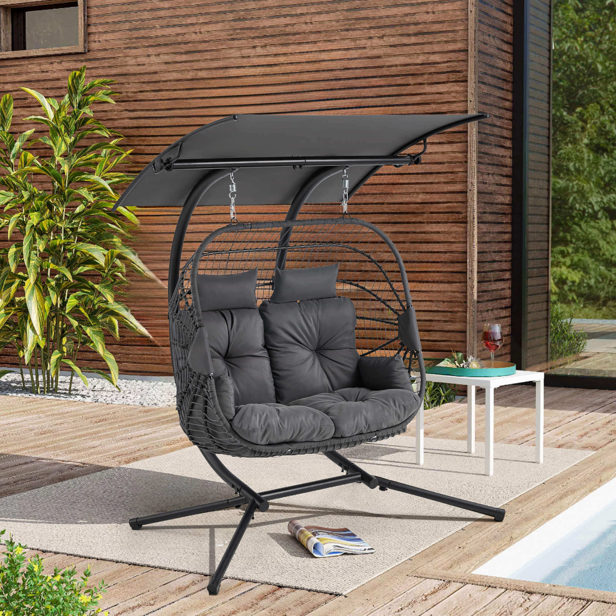 HOMREST Double Hanging Egg Chair with Stand, Wicker Loveseat Swing with Extra Cushion, Gray