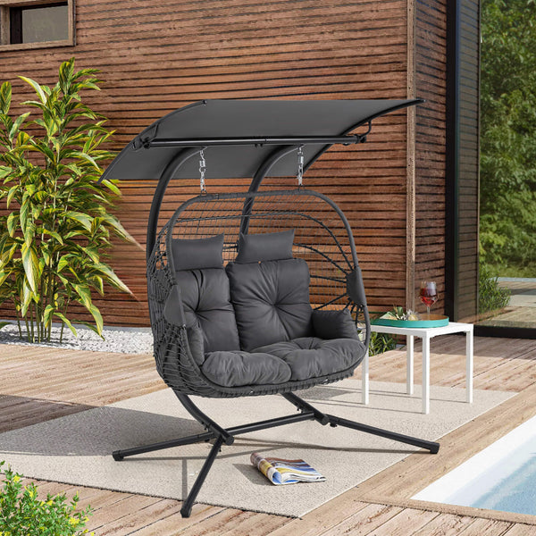 HOMREST Double Hanging Egg Chair with Stand, Wicker Loveseat Swing with Extra Cushion, Gray