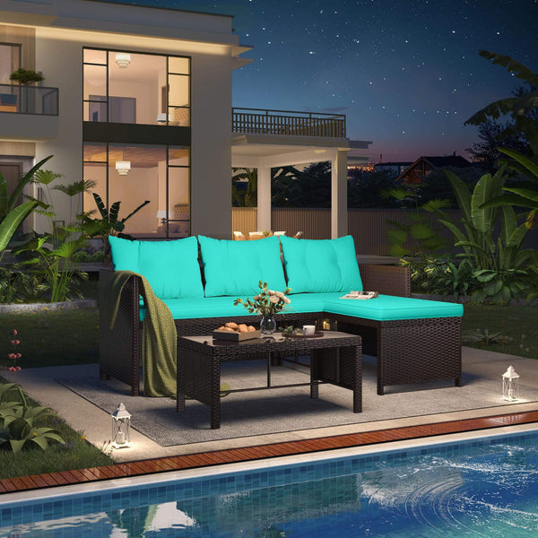 HOMREST 3 Piece Outdoor Patio Furniture Set, All-Weather PE Rattan Sofa Set with Glass Table & Cushions, Blue