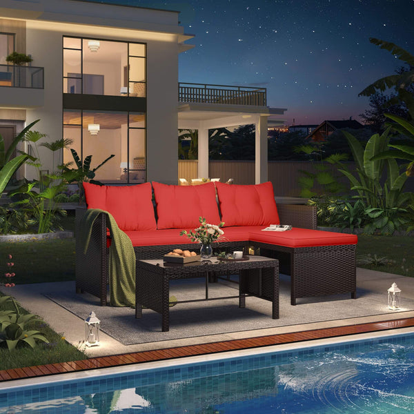 HOMREST 3 Piece Outdoor Patio Furniture Set, All-Weather PE Rattan Sofa Set with Glass Table & Cushions, Red