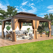 Homrest 12' x 18' Gazebo Double Hardtop Roof Galvanized Steel Pavilion Aluminum Frame Permanent Brown