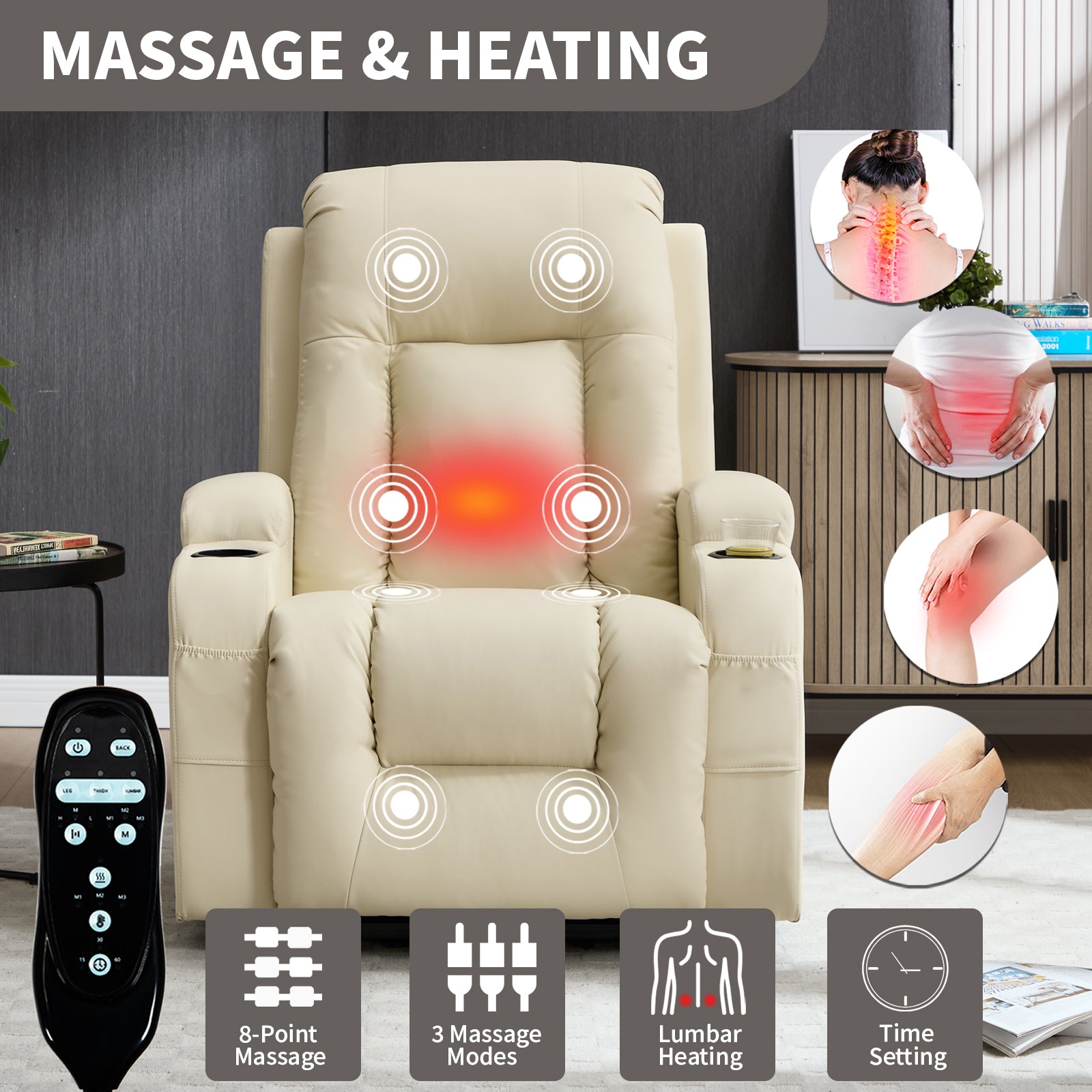 HOMREST PU Infinite Position Power Lift Recliner Chair for Elderly, 8-Point Massage & Heating, Beige