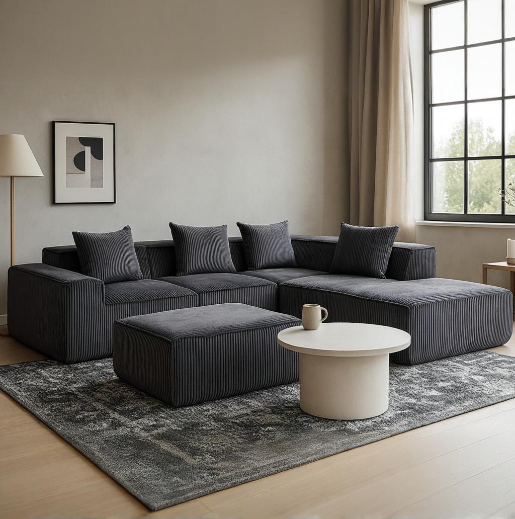 HOMREST 5-Seat Modular Sofa, Corduroy Lounge Couch with Free Combination Design and Throw Pillows, Gray