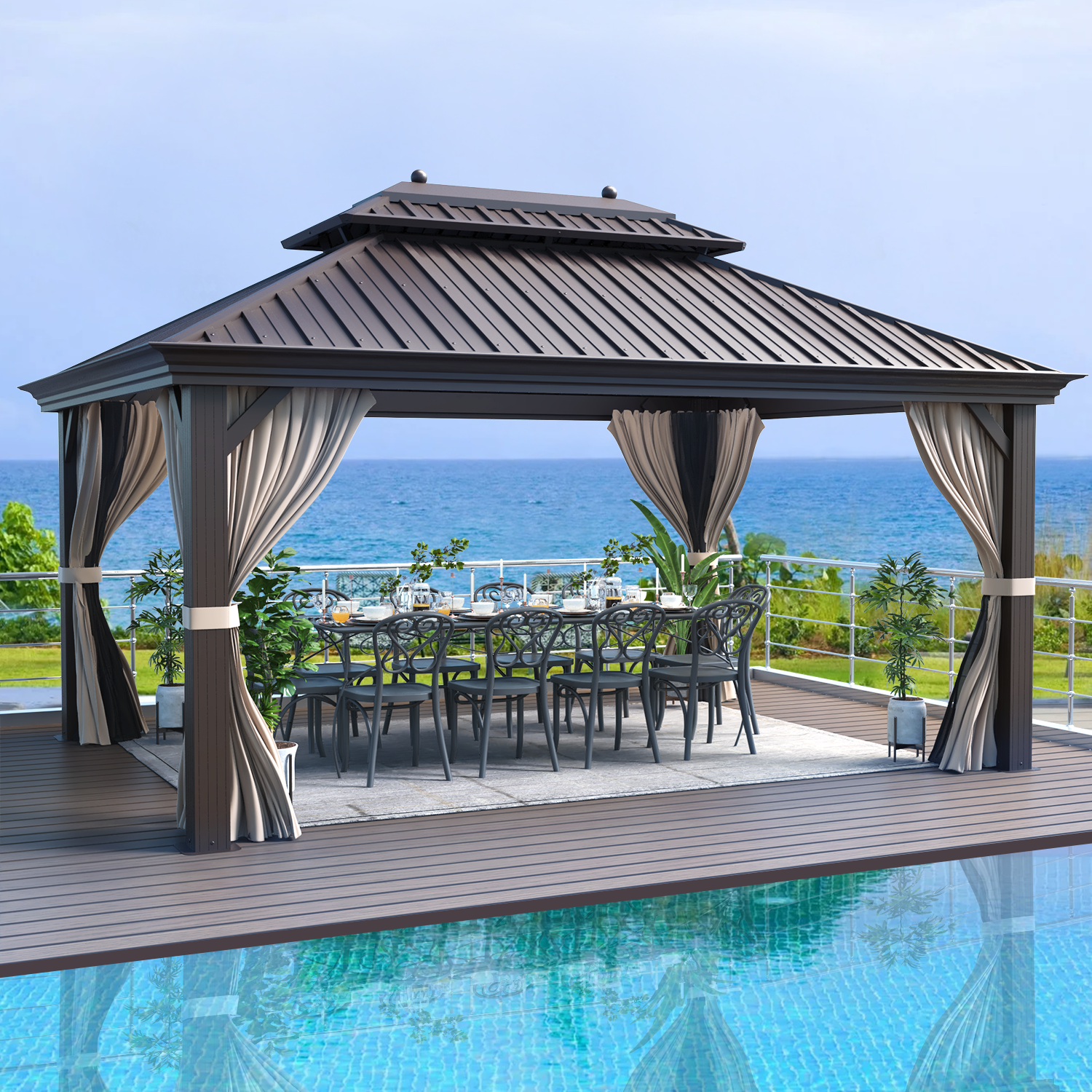 Homrest 12'x16' Hardtop Gazebo Galvanized Steel Double-Roof Pergola w/ Netting Curtain - Homrest