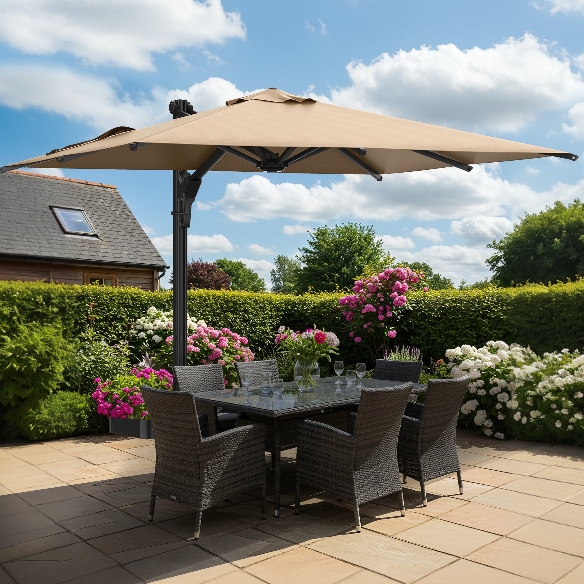HOMREST 10x13ft Large Rectangular Cantilever Umbrella with 360° Rotation & 6 Adjustable Heights, Outdoor Patio Umbrella for Garden, Pool, Deck, Brown (Base Excluded)