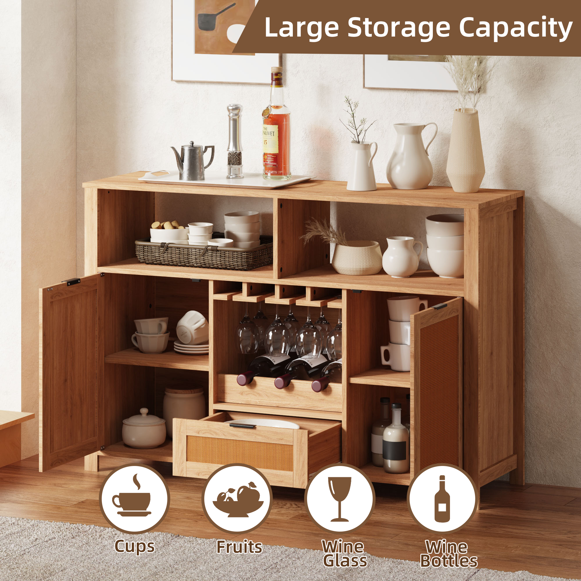 HOMREST Farmhouse Bar Cabinet with Storage, Wine Racks and Drawers for Dining Room and Living Room,Beige