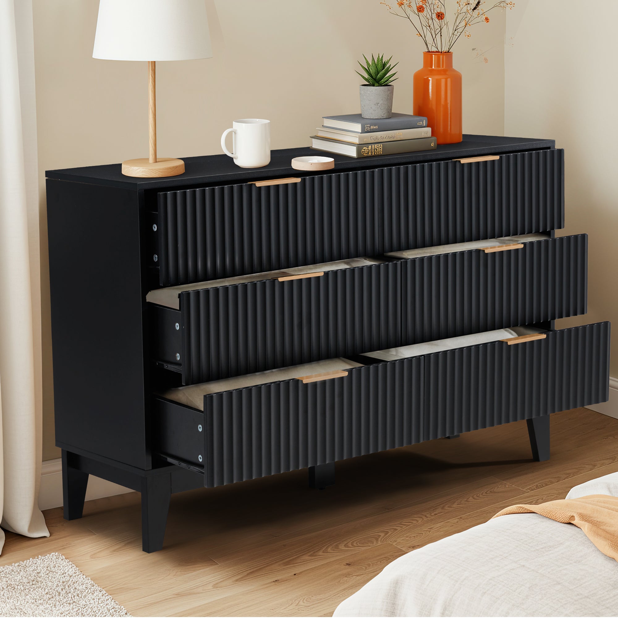HOMREST Fluted Dresser for Bedroom, 6 Drawer Modern Dresser, Wide Modern Chest of Drawers with Metal Handle, Mid Century Modern Dresser, Black
