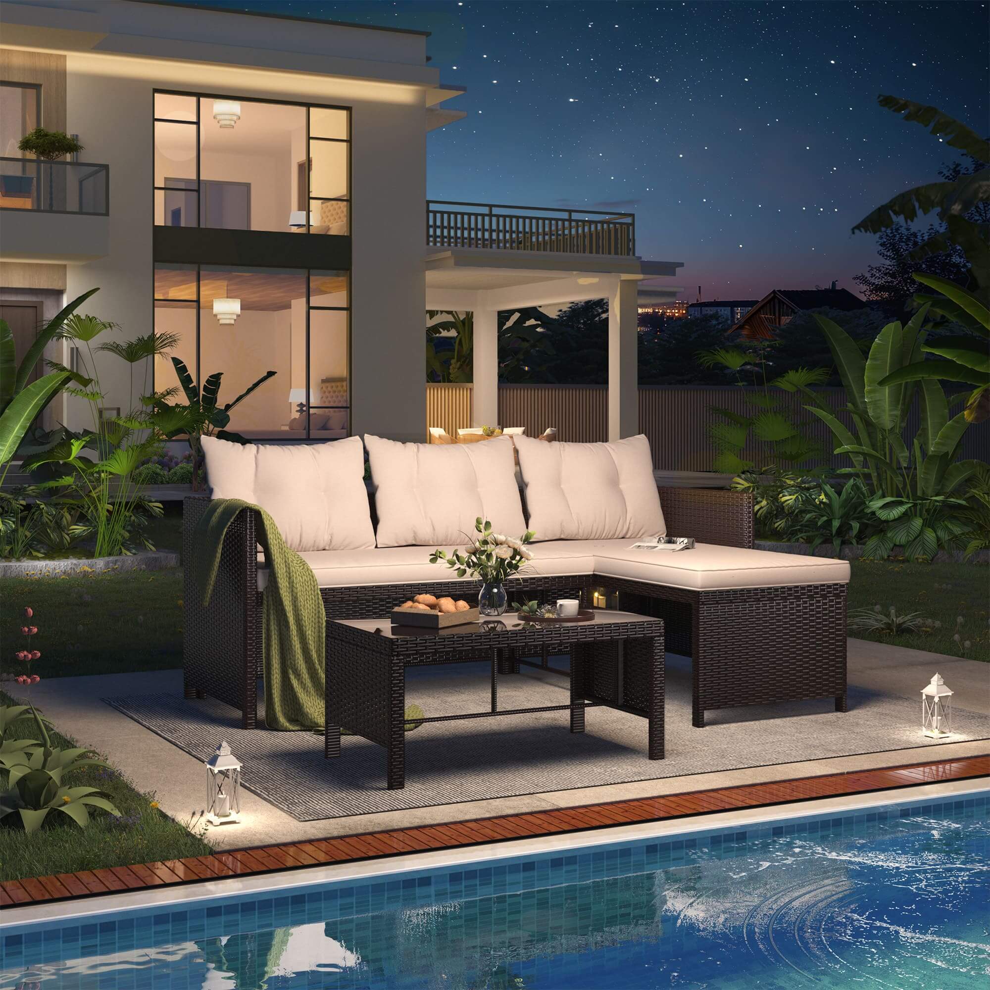 HOMREST 3 Piece Outdoor Patio Furniture Set, All-Weather PE Rattan Sofa Set with Glass Table & Cushions, Khaki