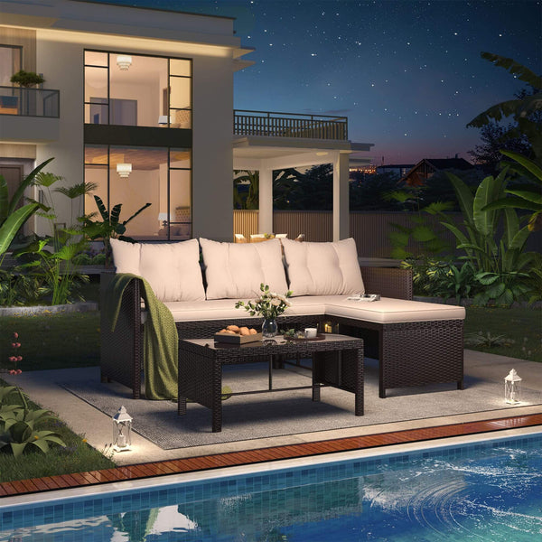 HOMREST 3 Piece Outdoor Patio Furniture Set, All-Weather PE Rattan Sofa Set with Glass Table & Cushions, Khaki