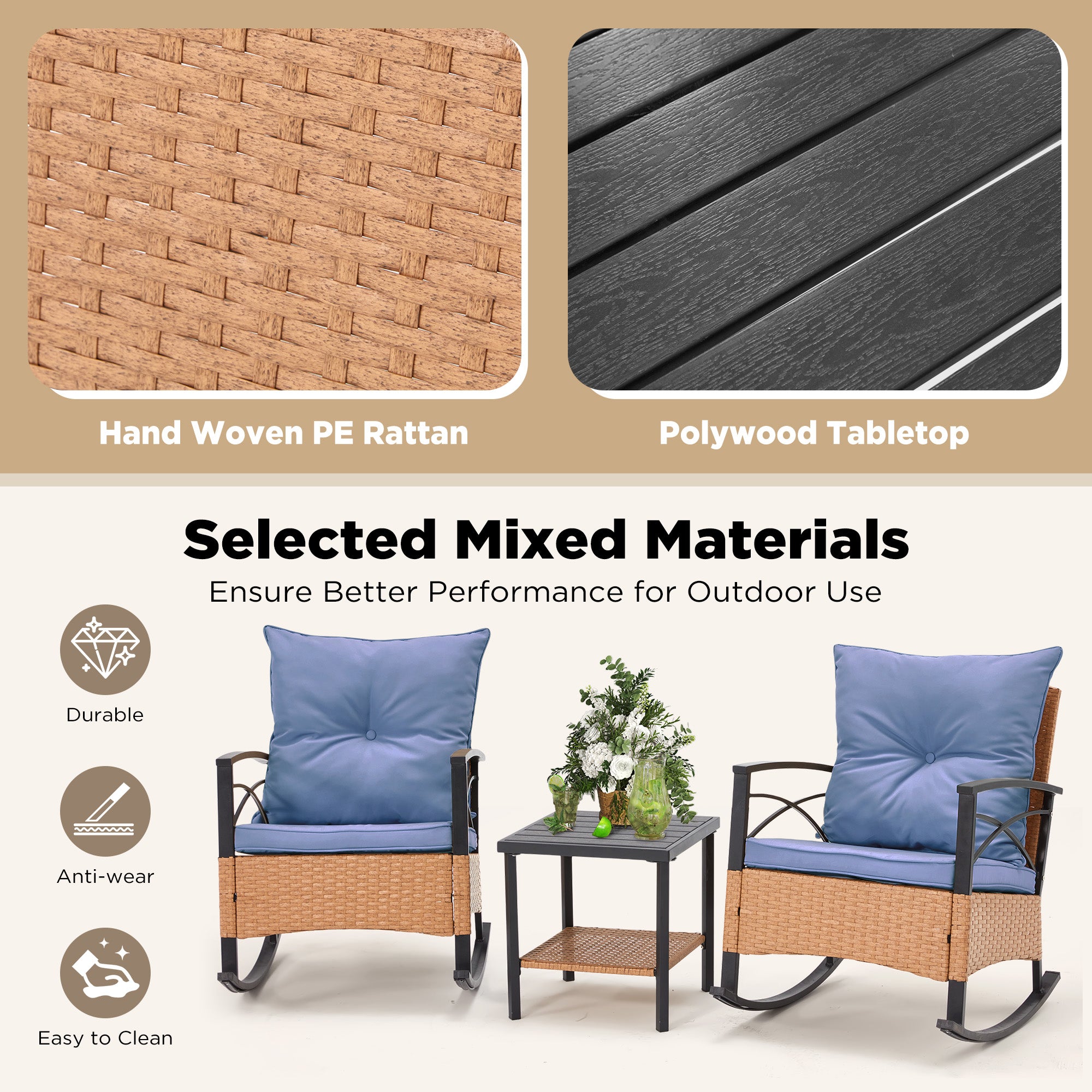 HOMREST 3-Piece Bistro Set: Outdoor Rattan Rocking Chairs with Cushions and Coffee Table