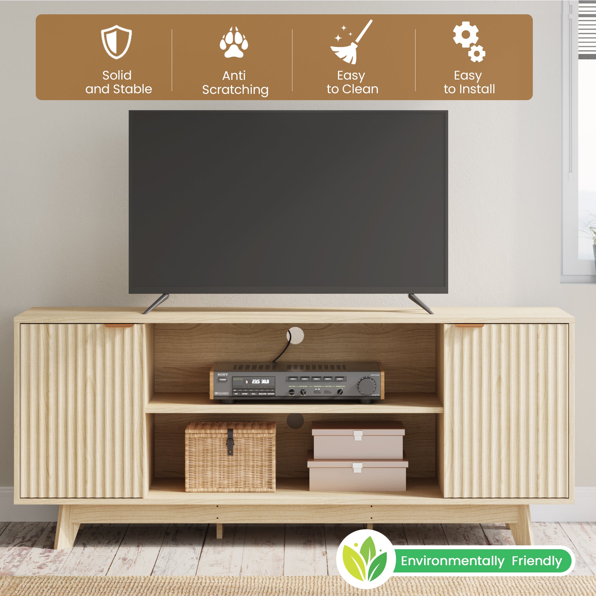 HOMREST Large TV Table with Fluted Door Cabinets and Open Shelves, TV Stand for Living Room, Bedroom, Dining Room
