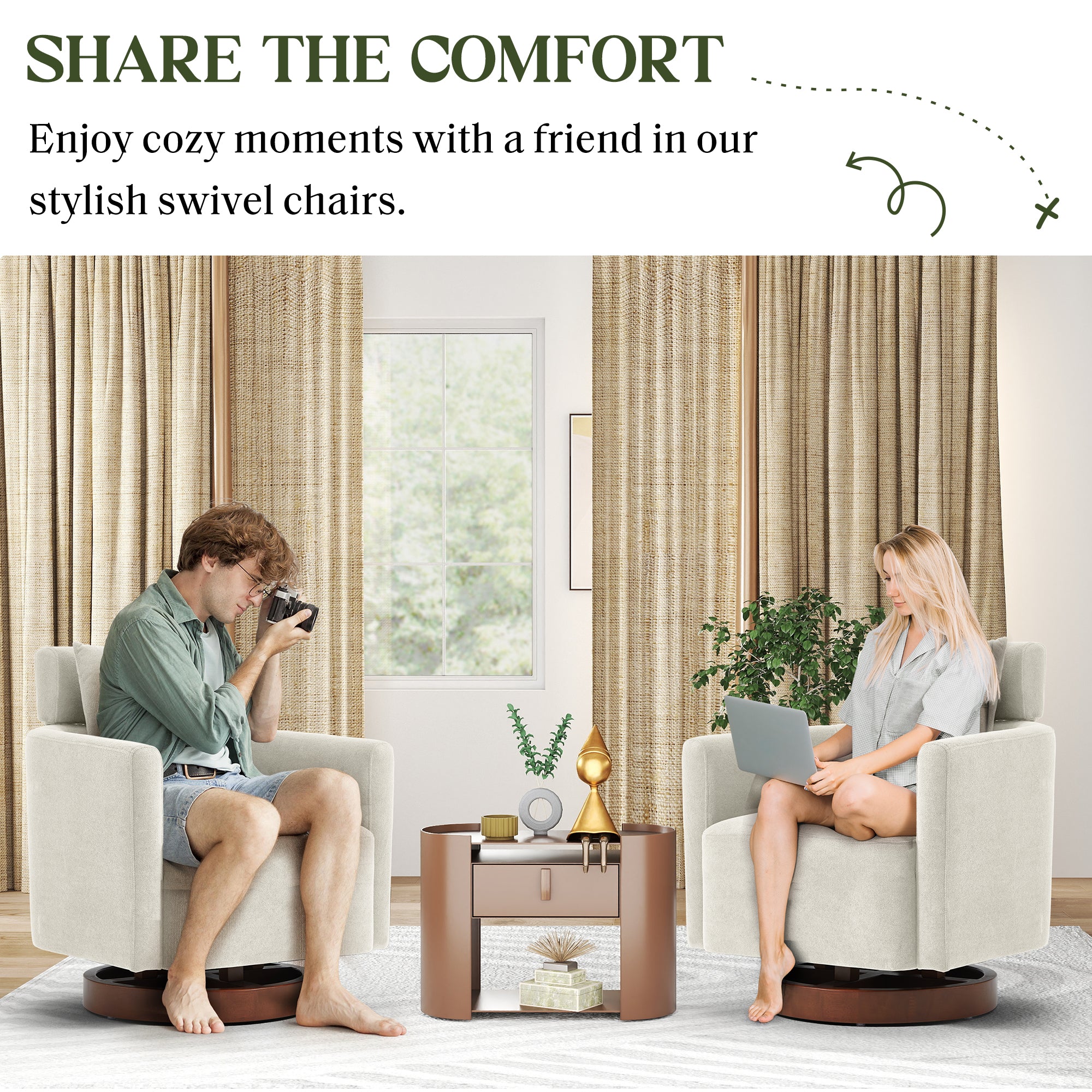 HOMREST Swivel Accent Chair, Ergonomic Adjustable Backrest Barrel Chair with 360° Rotation, Thick Velvet Cushion and Solid Wood Frame, Beige for Living Room, Bedroom, Office