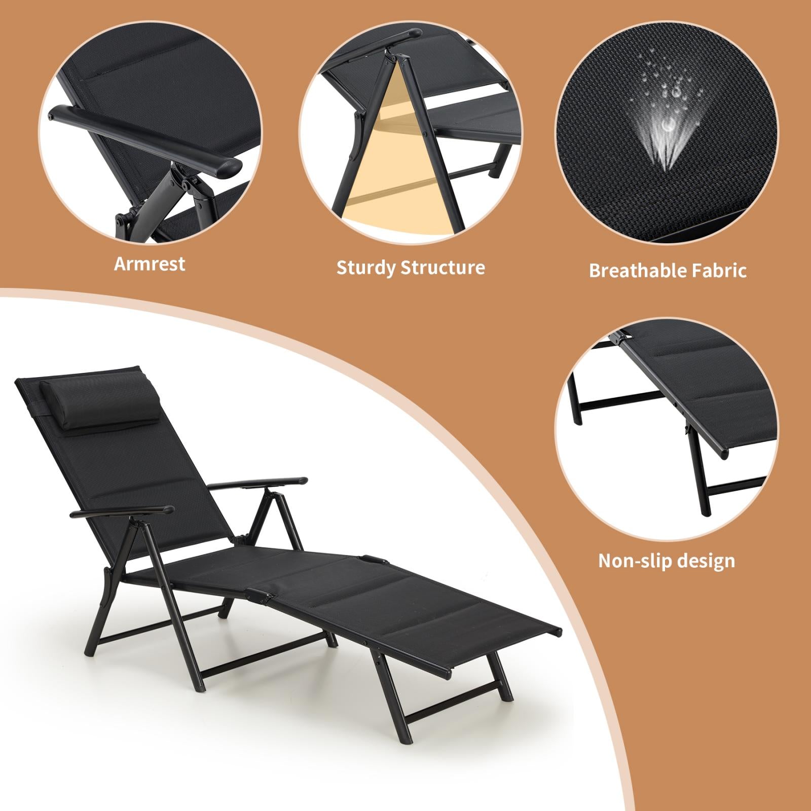 Outdoor Folding Lounge Chair with 7-Position Adjustable Backrest for Poolside, Black