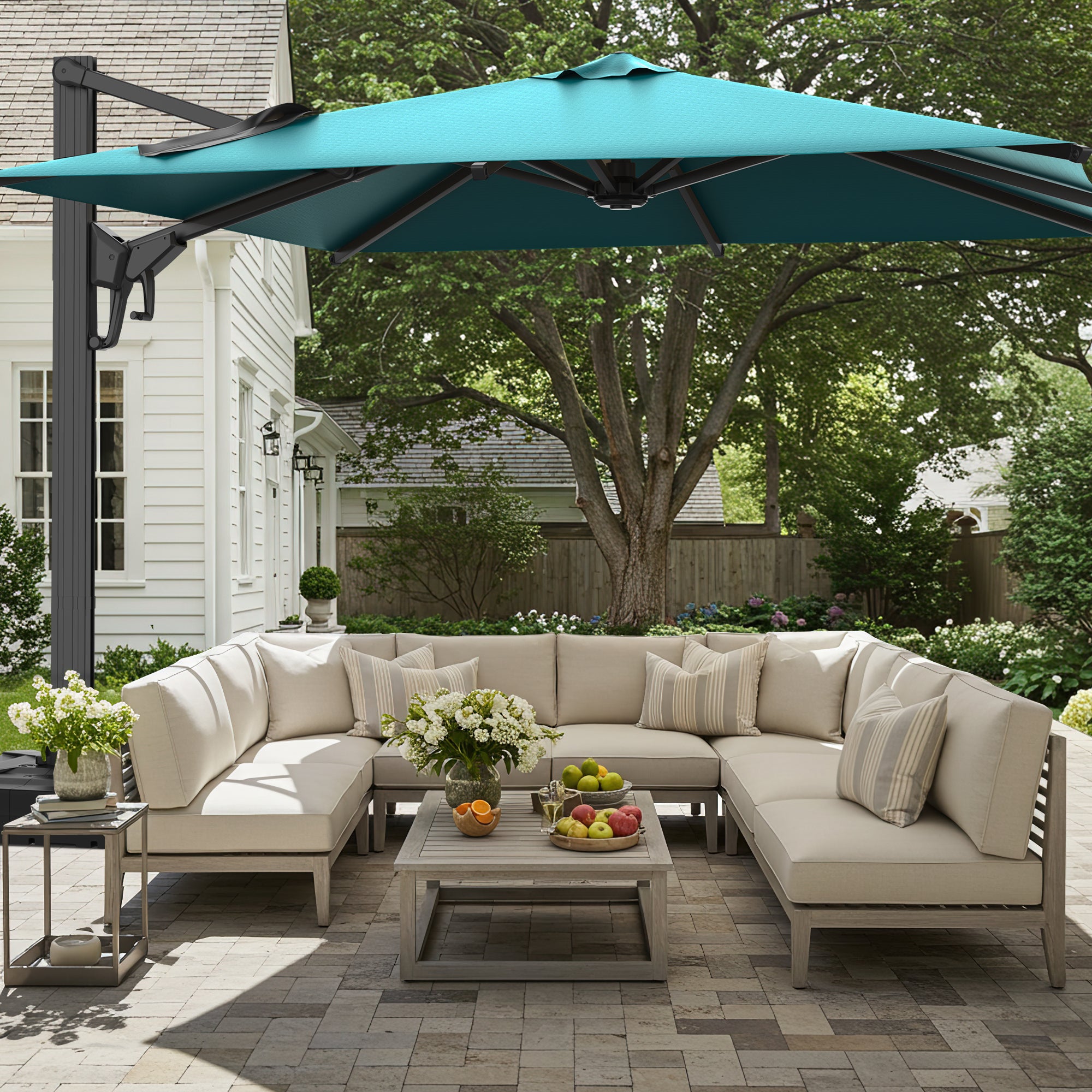 HOMREST 10x10ft Large Rectangular Cantilever Umbrella with 360° Rotation & 6 Adjustable Heights, Blue (Base Excluded)