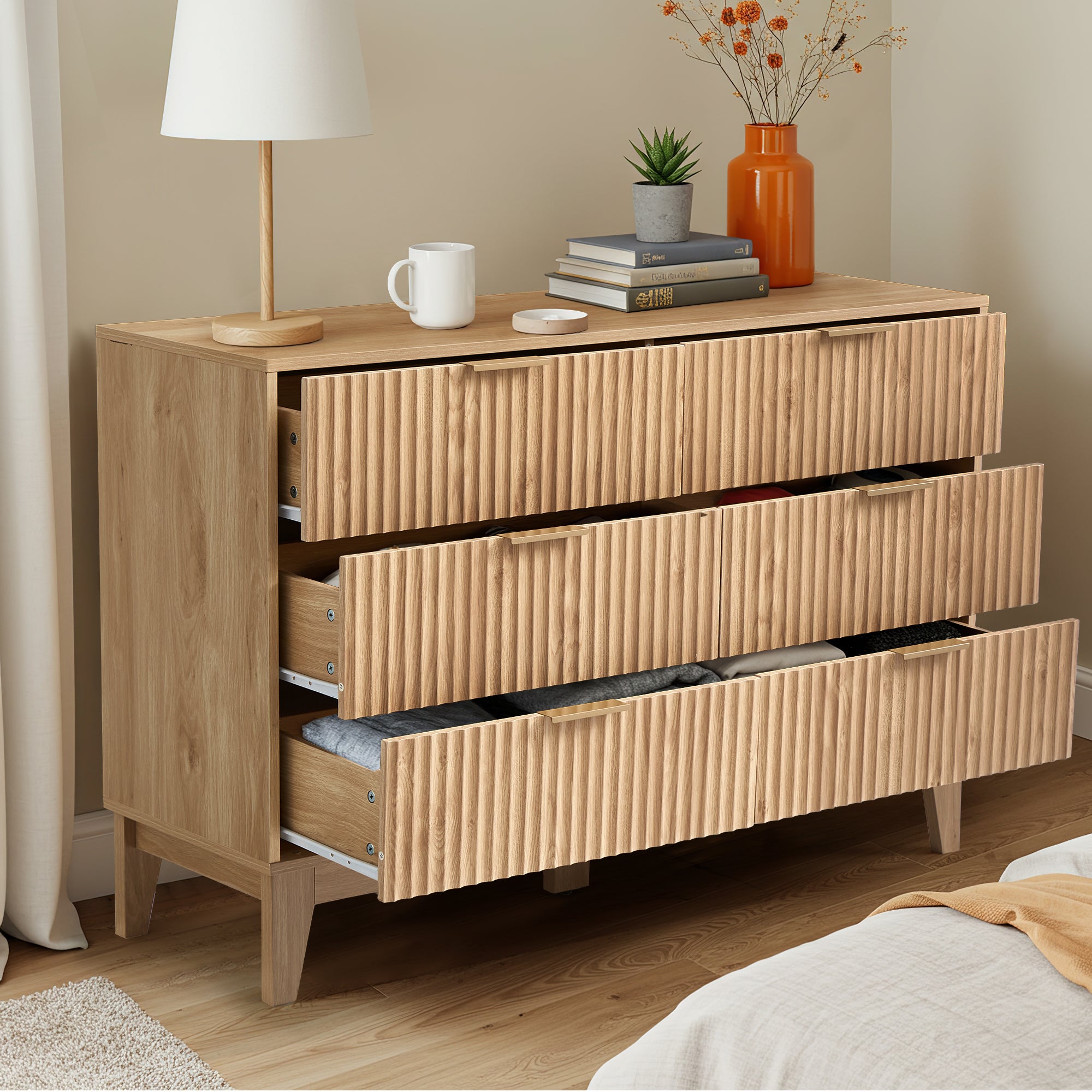 HOMREST Fluted Dresser for Bedroom, 6 Drawer Modern Dresser, Wide Modern Chest of Drawers with Metal Handle, Mid Century Modern Dresser, Natural Wood