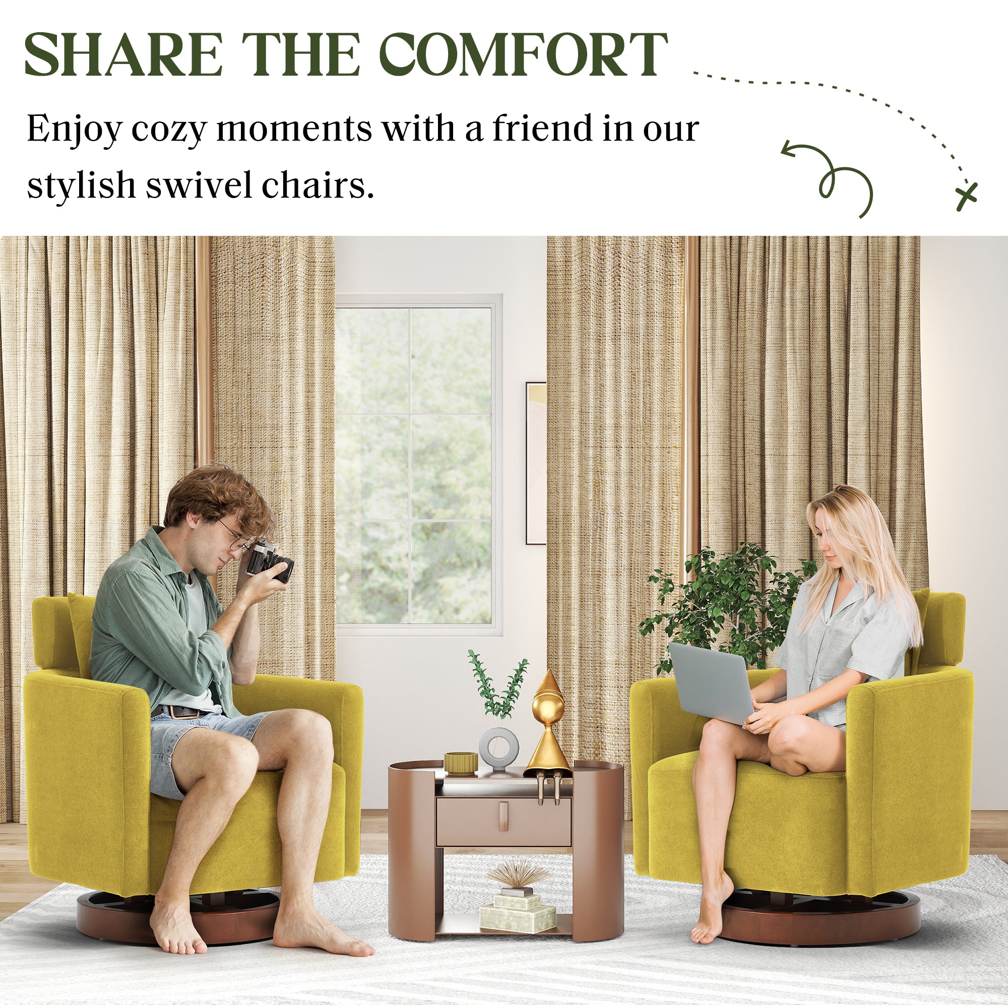 HOMREST Swivel Accent Chair, Armchair Barrel Chair with Adjustable Headrest Swivel Chair for Living Room Bedroom, with 360° Rotation and Thick Cushion, Mustard Yellow