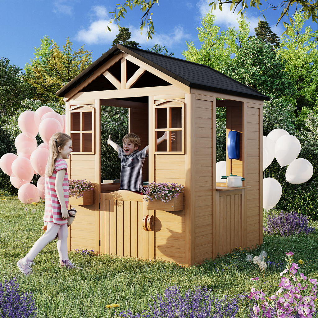 Homrest Wooden Playhouse for Kids, Outdoor Garden Cottage with Door, Windows, Service Station, Flower Pot Holder, for 3-7 Years Old