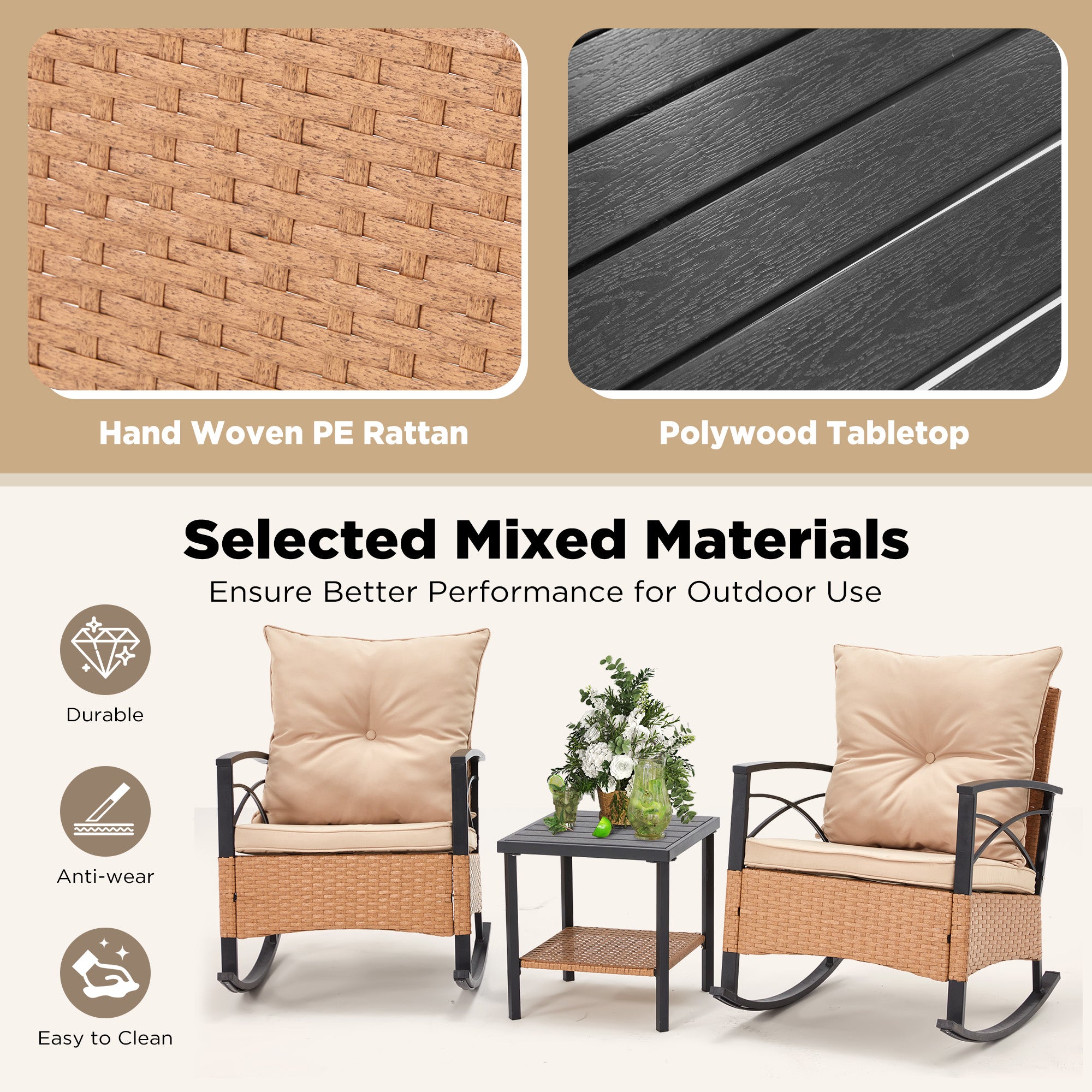HOMREST 3-Piece Bistro Set: Outdoor Rattan Rocking Chairs with Cushions and Coffee Table