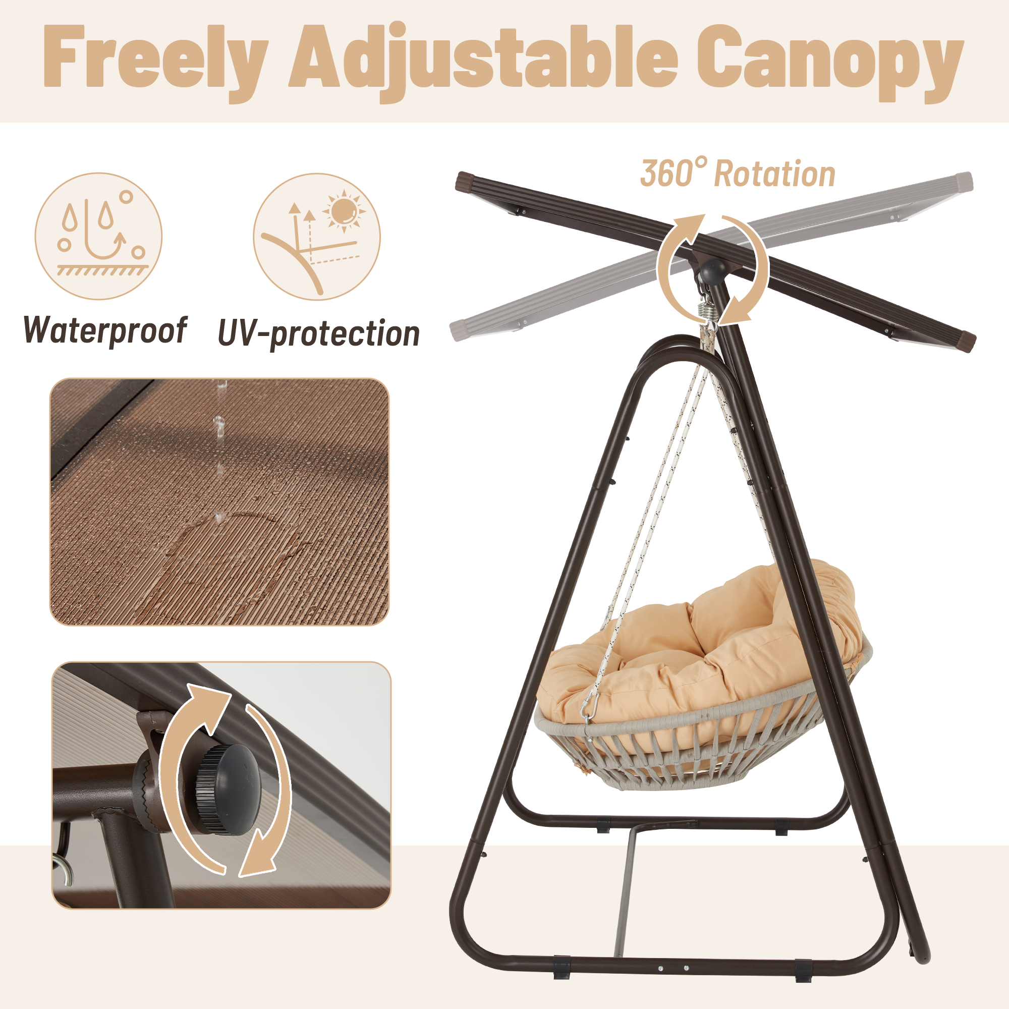 HOMREST 2-Seat Patio Swing Chair with Adjustable Canopy, Beige