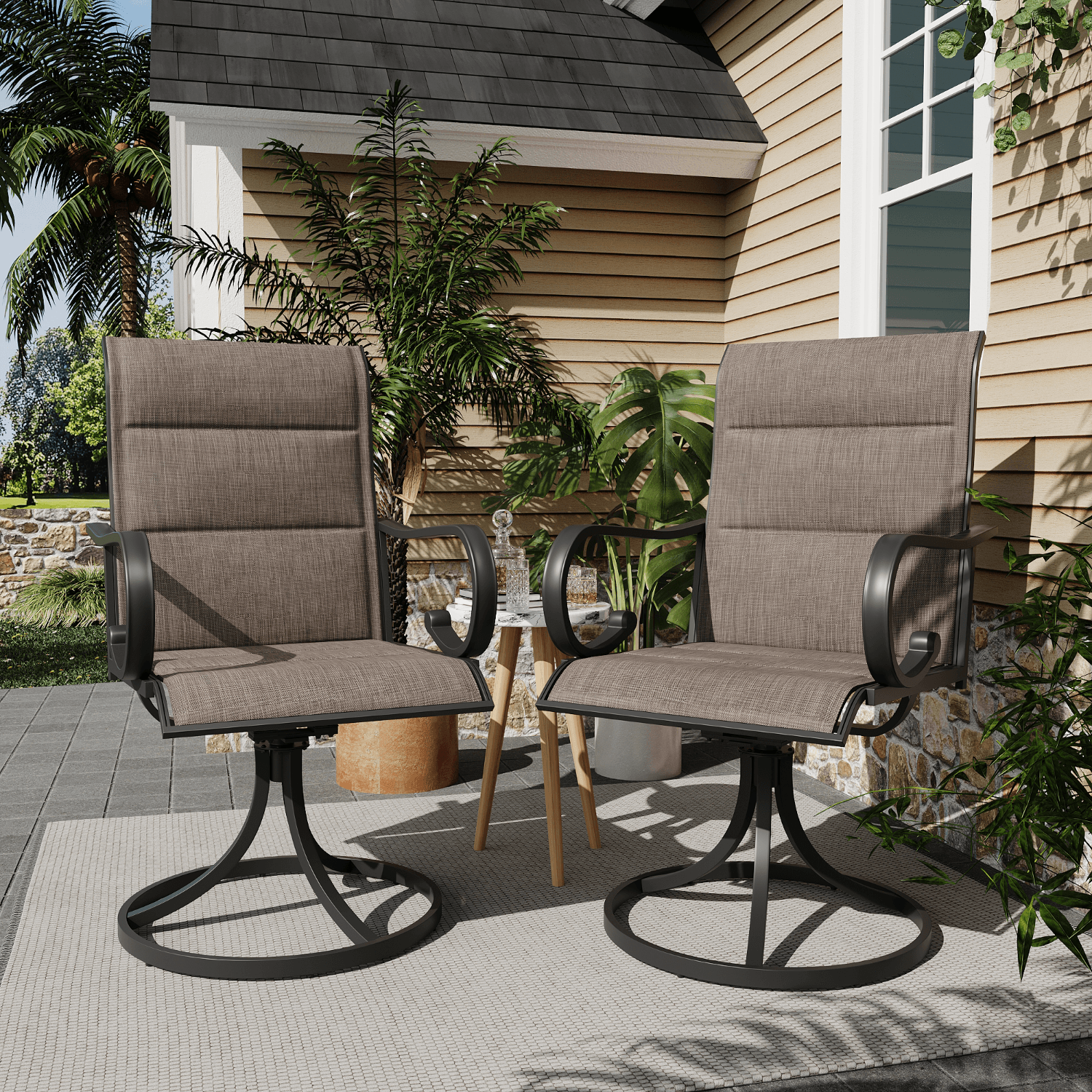 HOMREST Swivel Outdoor Chairs Set of 8, High Back Padded Textilene Patio Dining Chairs with Metal Frame, Brown
