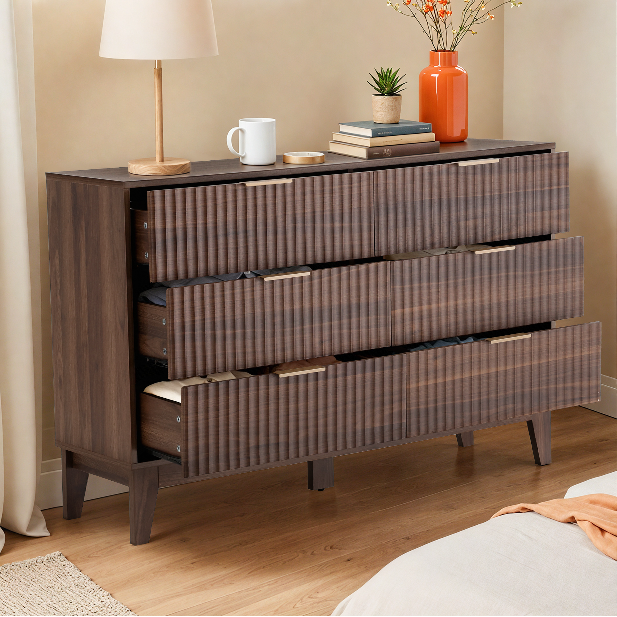 HOMREST Fluted Dresser for Bedroom, 6 Drawer Modern Dresser, Wide Modern Chest of Drawers with Metal Handle, Mid Century Modern Dresser, Walnut