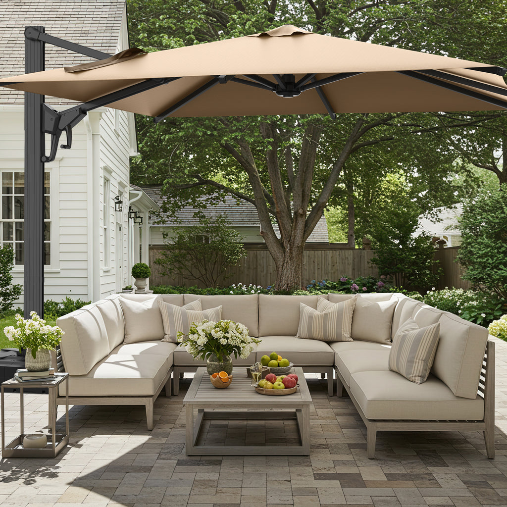 HOMREST 10x10ft Large Rectangular Cantilever Umbrella with 360° Rotation & 6 Adjustable Heights, Brown (Base Excluded)