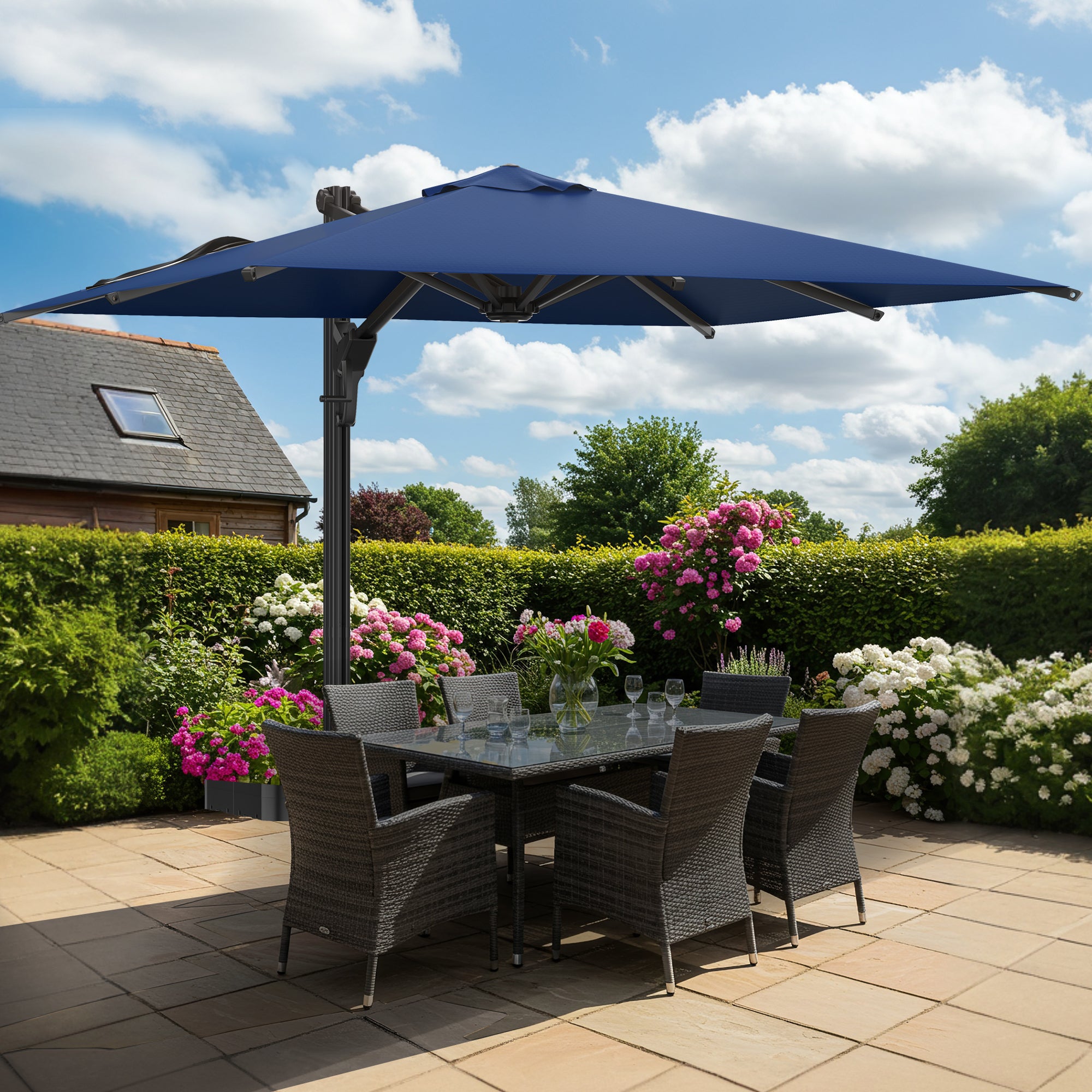 HOMREST 10x13ft Large Rectangular Cantilever Umbrella with 360° Rotation & 6 Adjustable Heights, Outdoor Patio Umbrella for Garden, Pool, Deck, Navy (Base Excluded)