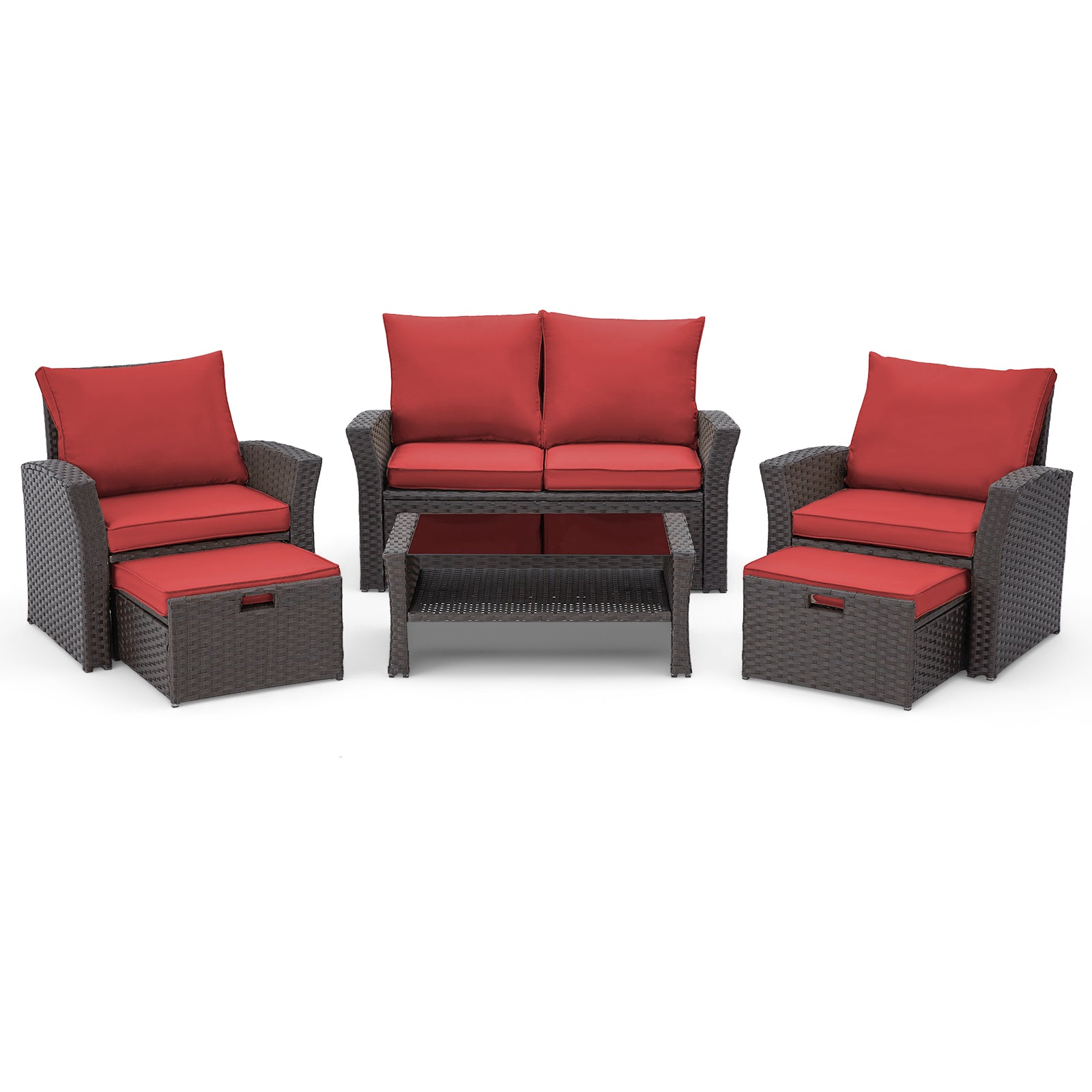Homrest 6 Pcs Patio Furniture Set with Ottoman and Storage Table, Wine Red