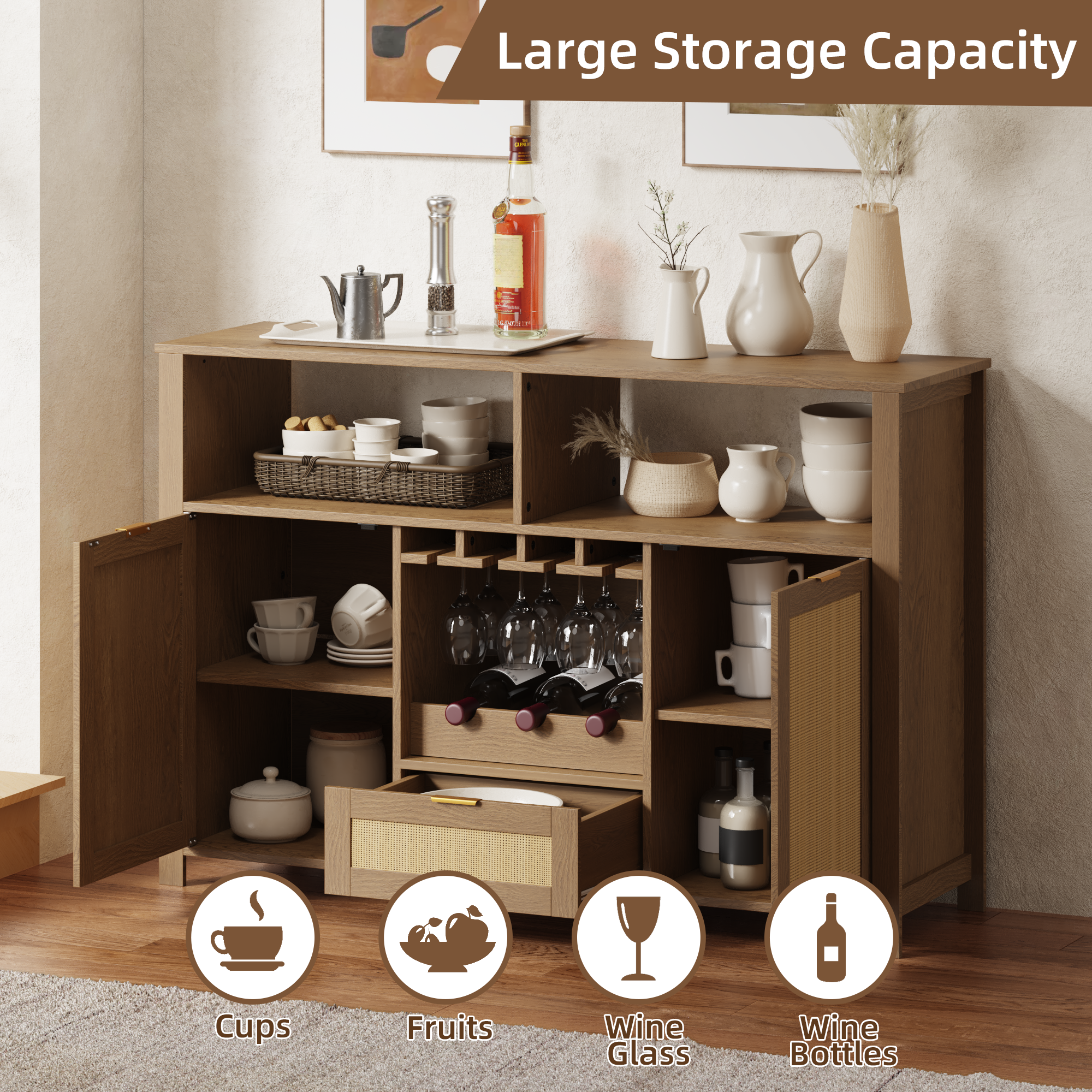 HOMREST Farmhouse Bar Cabinet with Storage, Wine Racks and Drawers for Dining Room and Living Room, Walnut Brown