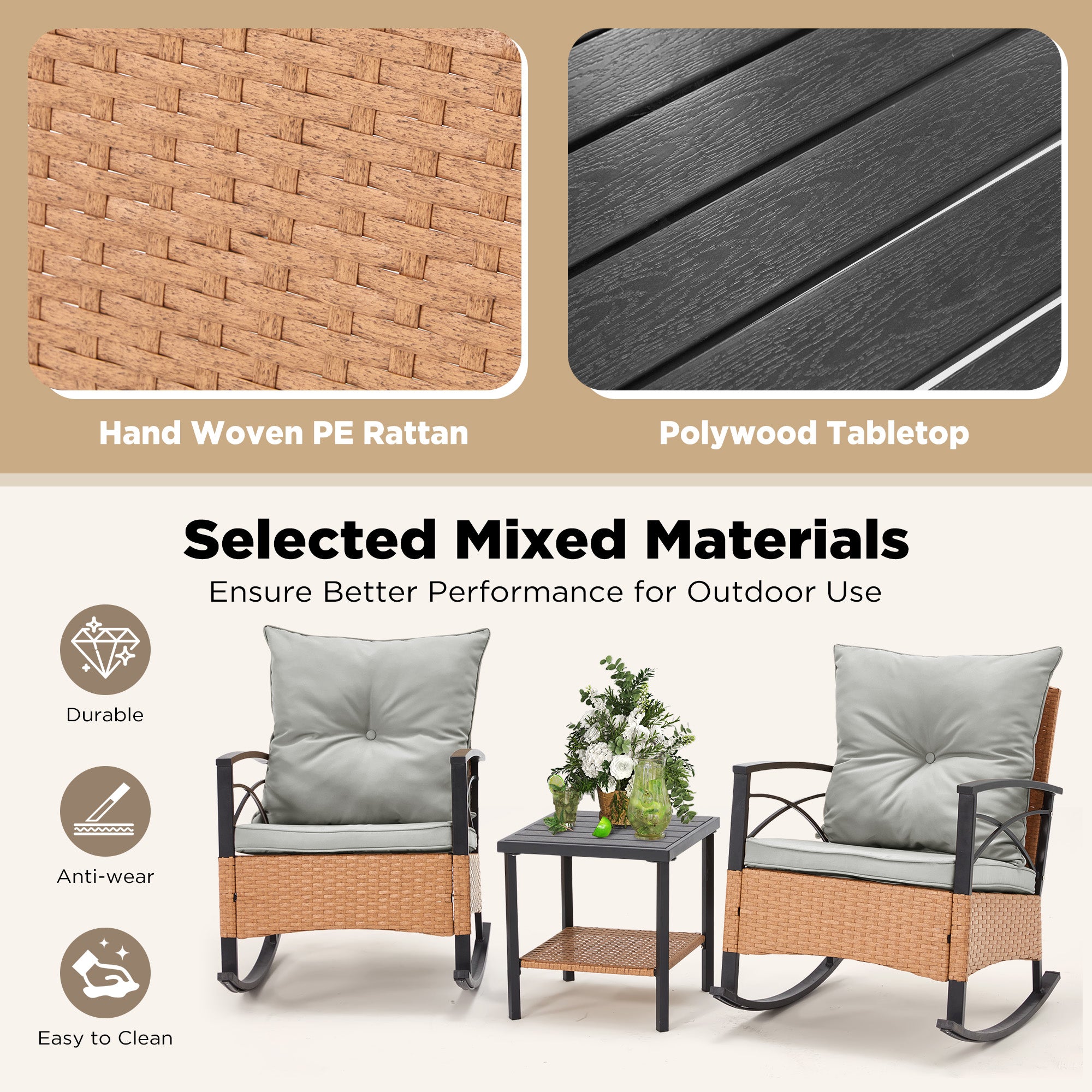 HOMREST 3-Piece Bistro Set: Outdoor Rattan Rocking Chairs with Cushions and Coffee Table