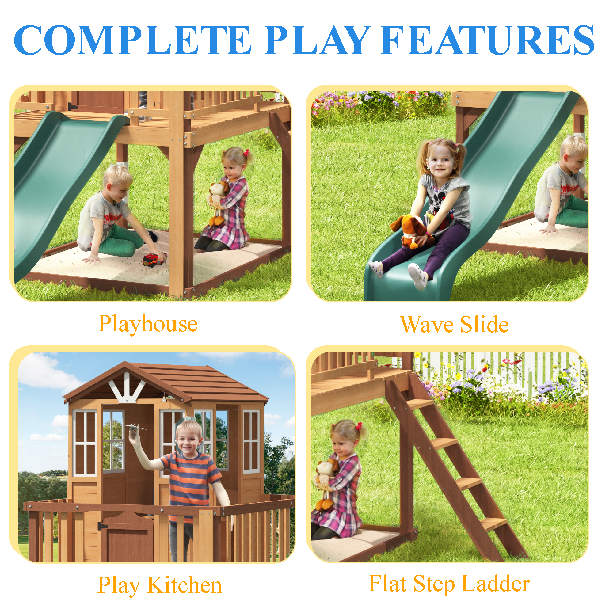 Homrest  Outdoor Wooden Playhouse for Kids - Fir Tree House with Slide, Climbing Ladder & Play Kitchen | Ages 4-8, Wood
