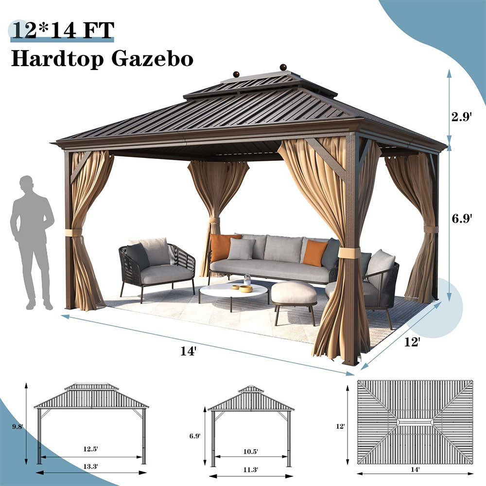 Homrest 12' X 14' Aluminum Gazebo, Hardtop Gazebo with Galvanized Steel Double Roof, Curtains and Netting Included
