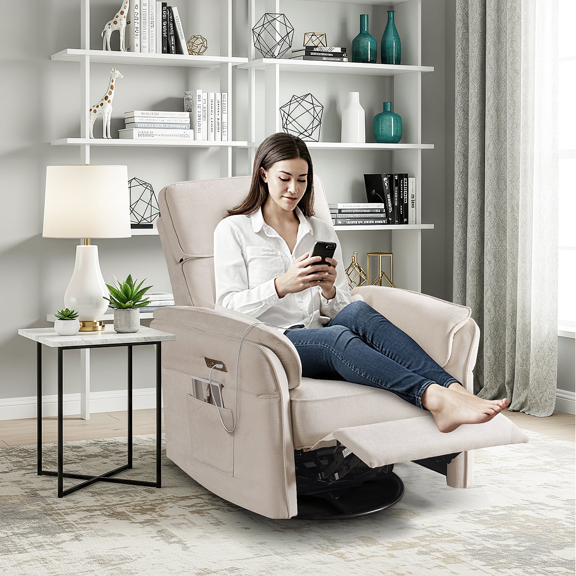 HOMREST Power Swivel Rocking Recliner Chair with Adjustable Headrest and Armrests for Living Room, Nursery, Beige