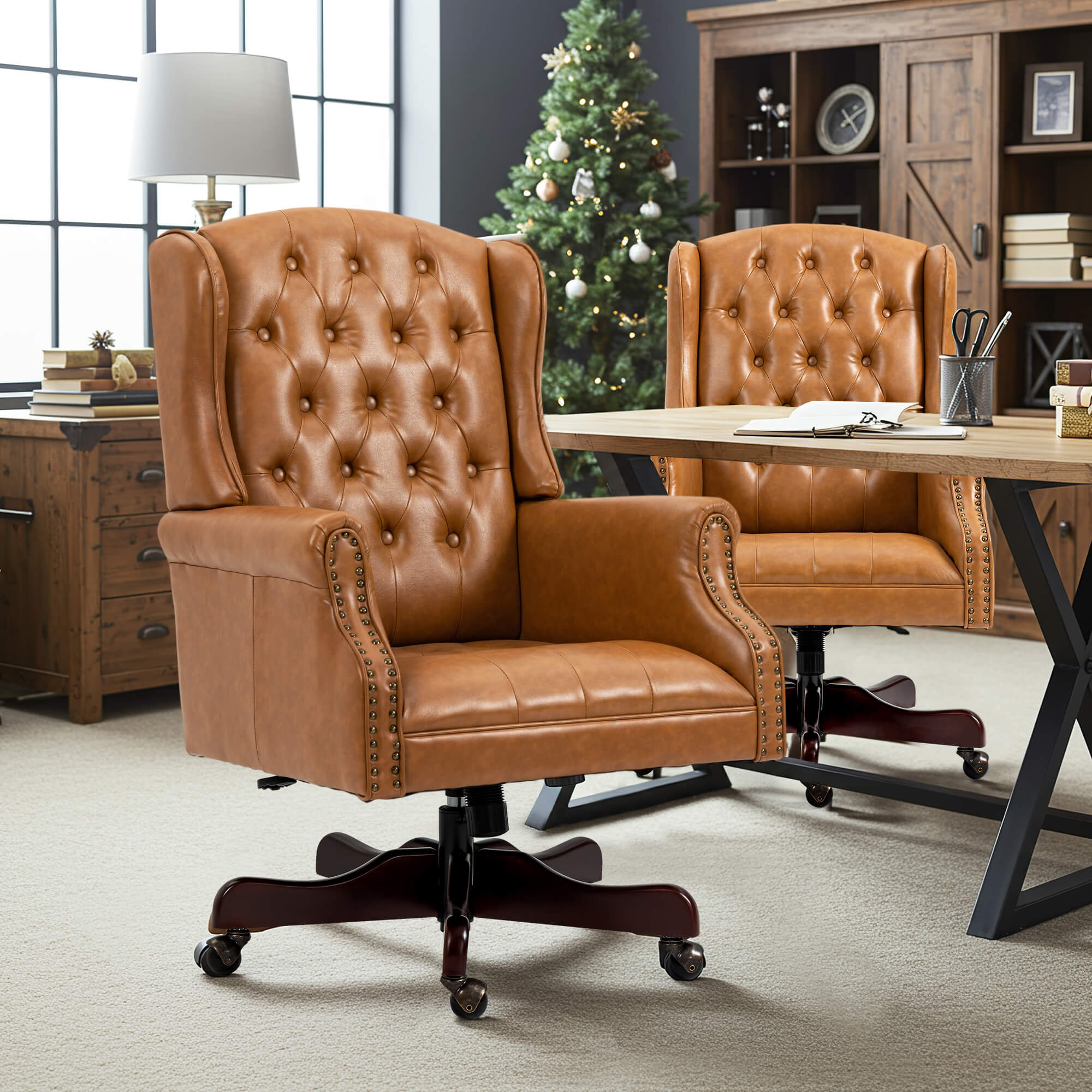 Homrest Executive Wingback Office Chair – Brown PU Leather High Back Desk Chair