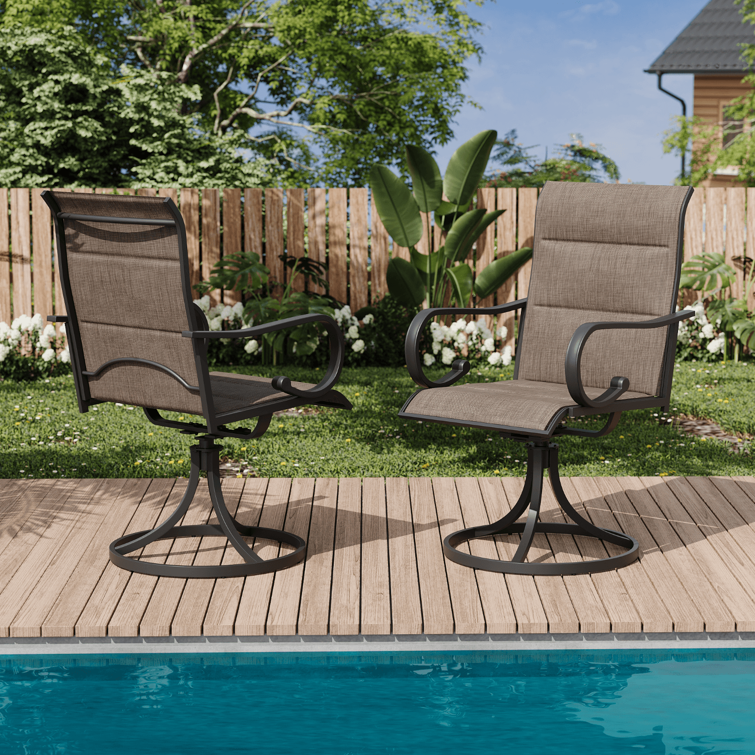 HOMREST Swivel Outdoor Chairs Set of 8, High Back Padded Textilene Patio Dining Chairs with Metal Frame, Brown