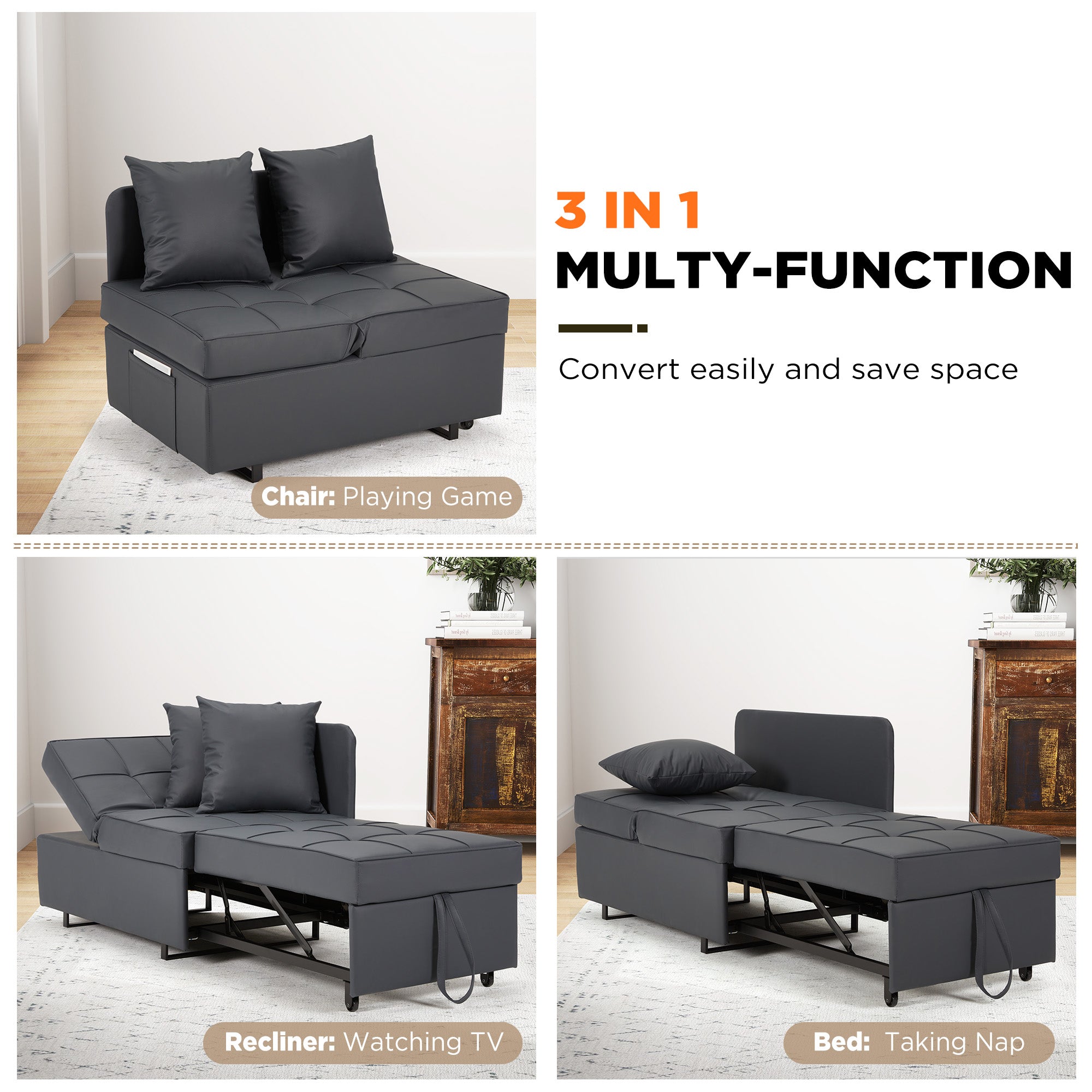 HOMREST 3 IN 1 Futon Sofa Bed Convertible Recliner Lounge with Reclining Backrest, Gray